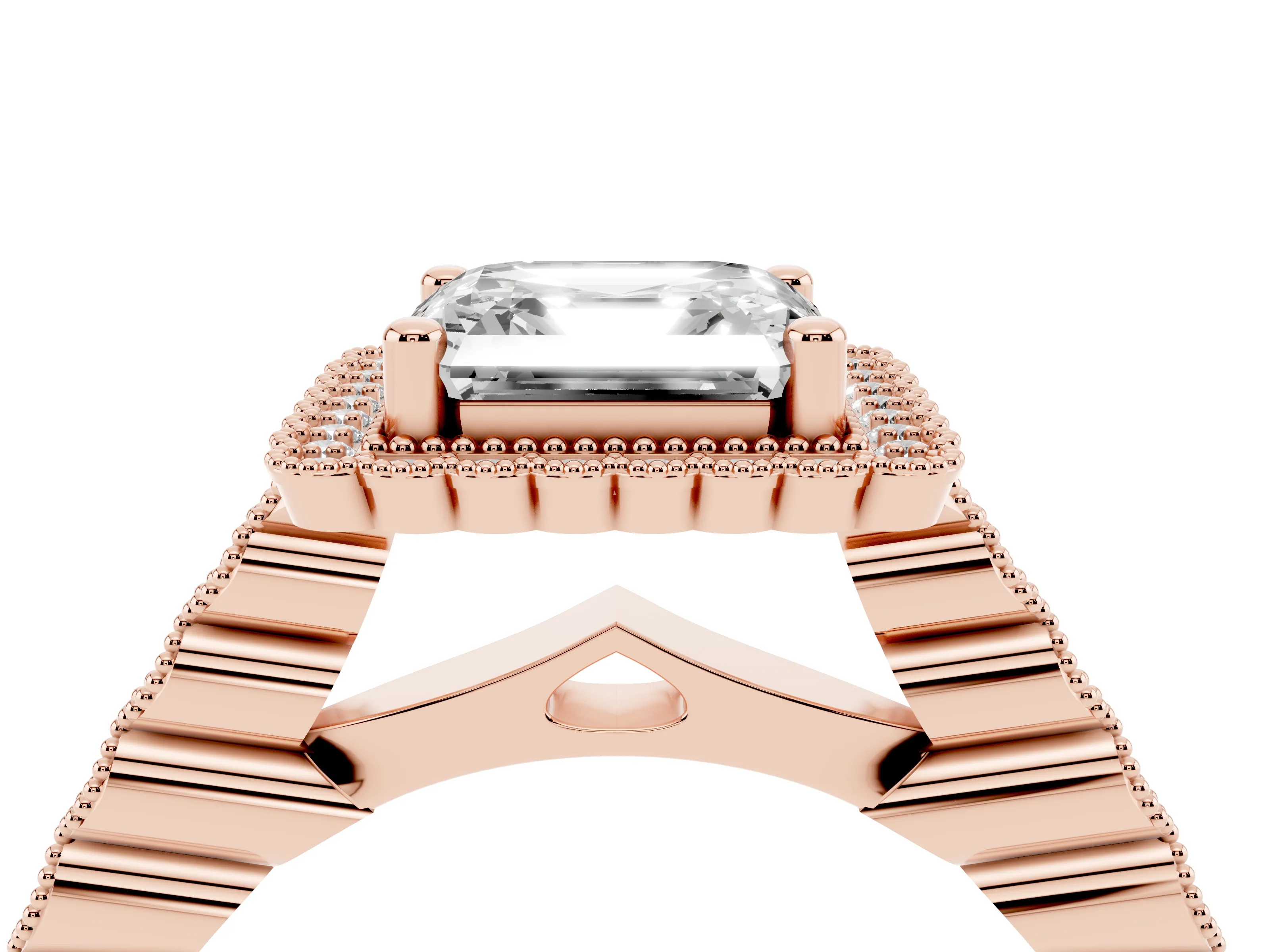 Asscher Cut Diamond Halo Ring Set in Rose gold with Pavé Milgrain Band