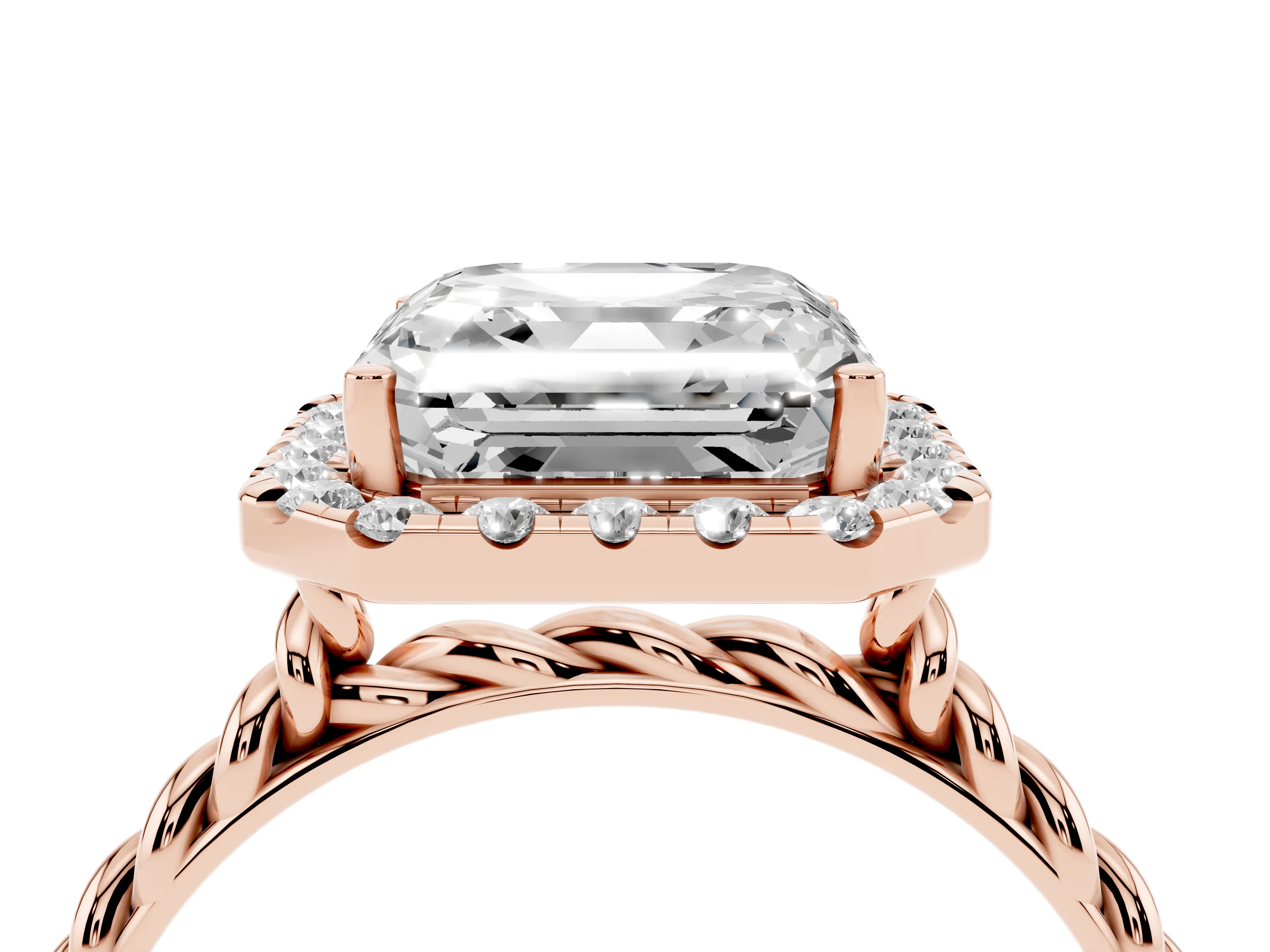 Asscher Cut Diamond Halo Ring Set in Rose gold with Plain Twisted Band