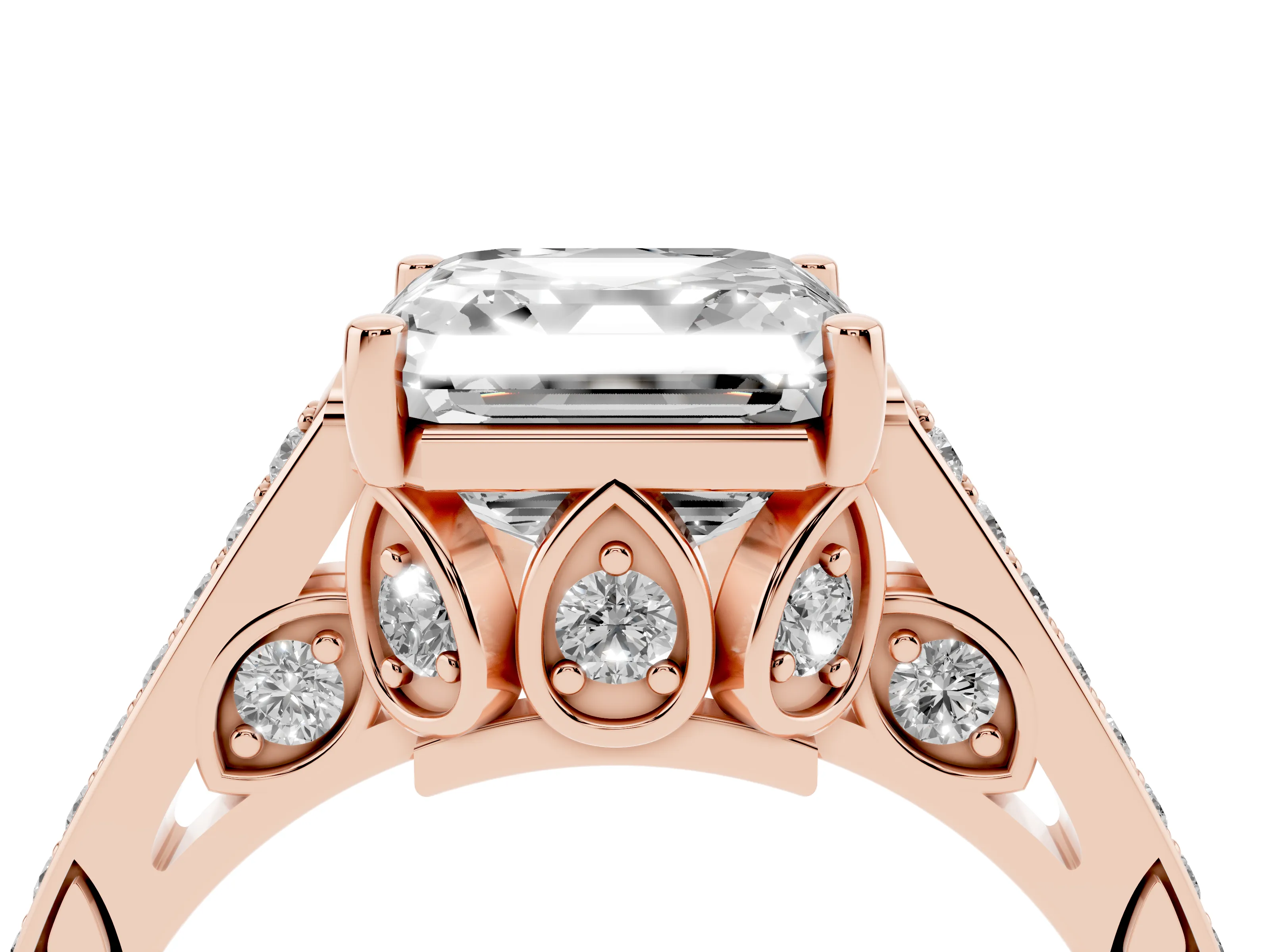 Asscher Cut Diamond Cathedral Pavé Engagement Ring Set in Rose gold with Prong Setting