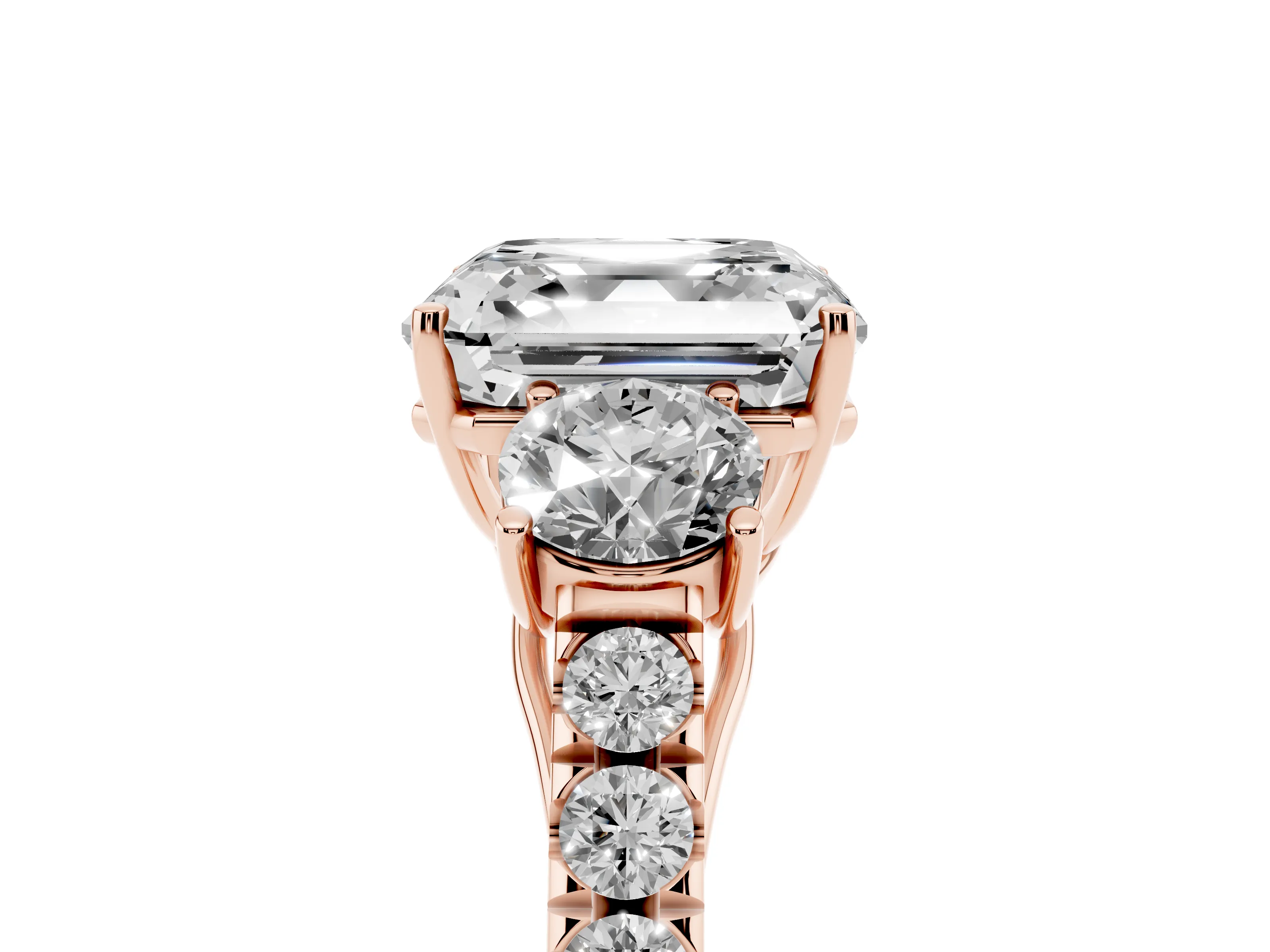 Asscher Cut Diamond Three-Stone Ring Set in Rose gold with Round Side Stones and Delicate Pavé Band