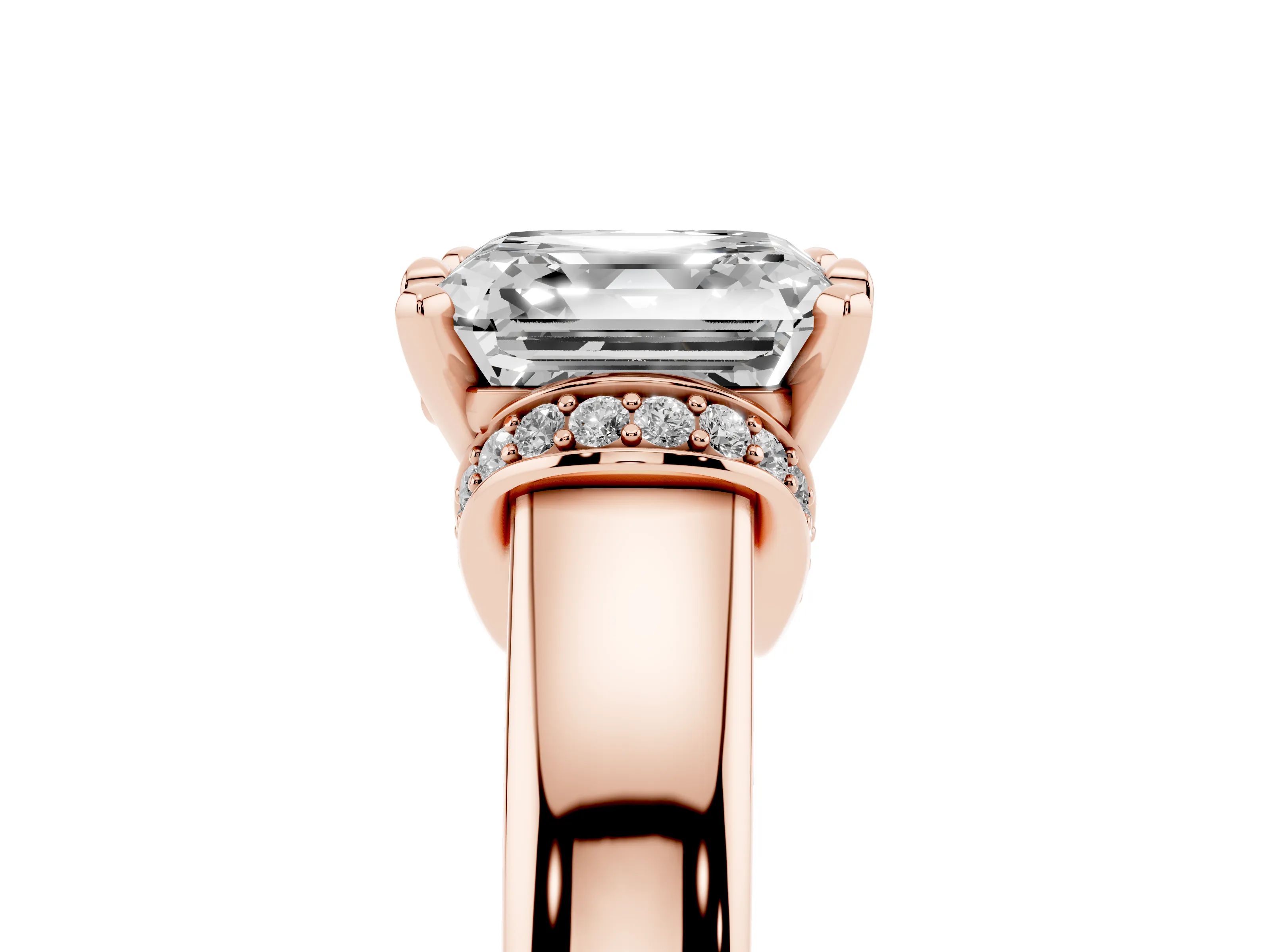 Asscher Cut Diamond Pavé Band Solitaire Ring Set in Rose gold with Prong Setting