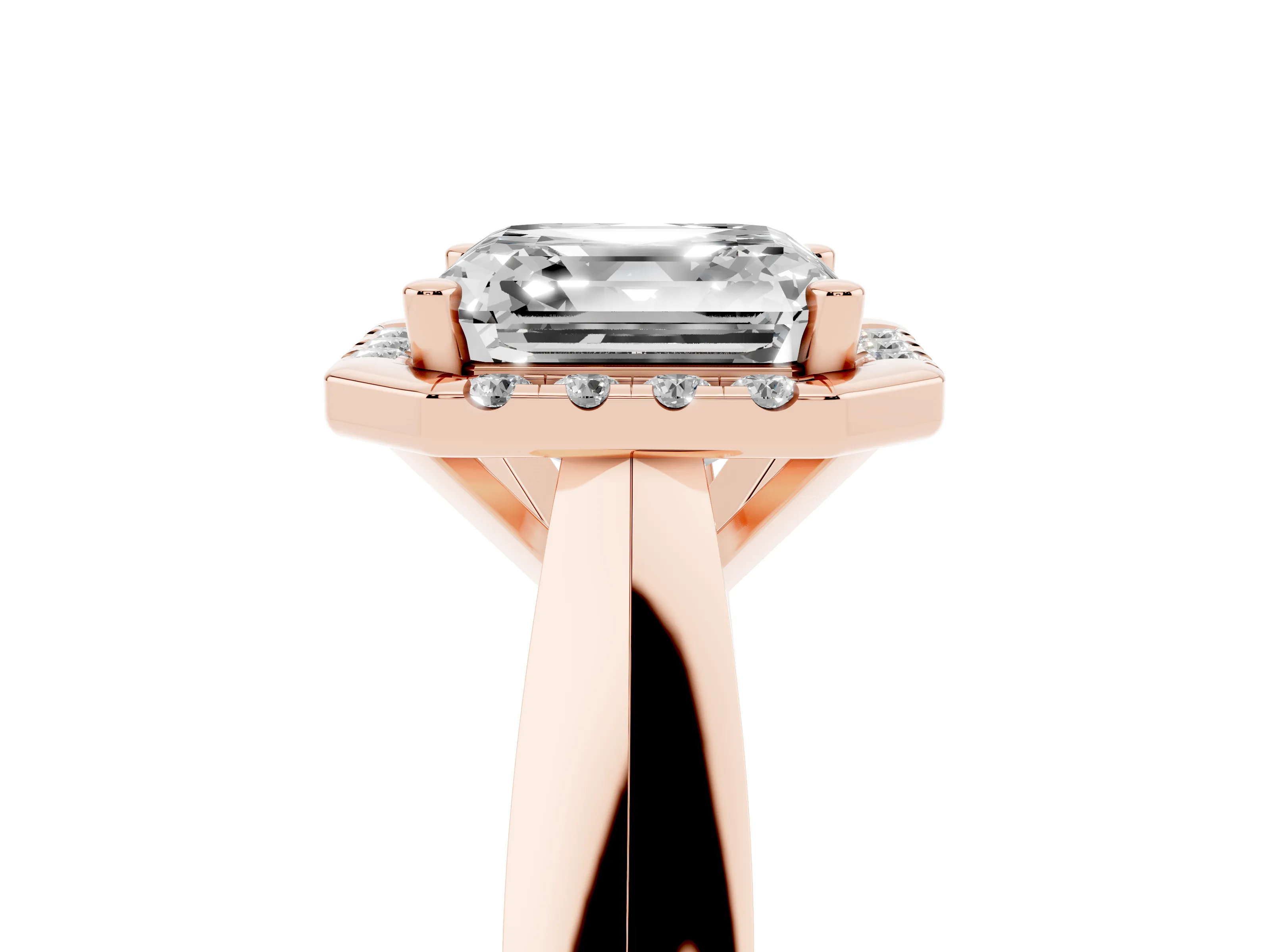Asscher Cut Diamond Halo Solitaire Engagement Ring Set in Rose gold with Square Band and Prong Setting