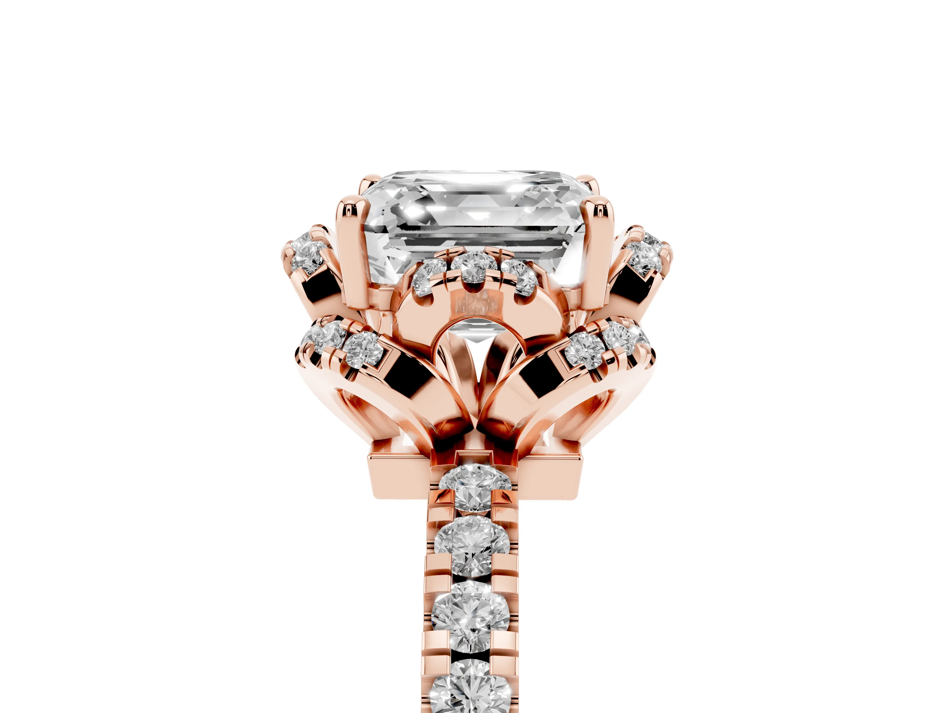 Asscher Cut Diamond Halo Pavé Ring Set in Rose gold with Prong-Held Center Stone
