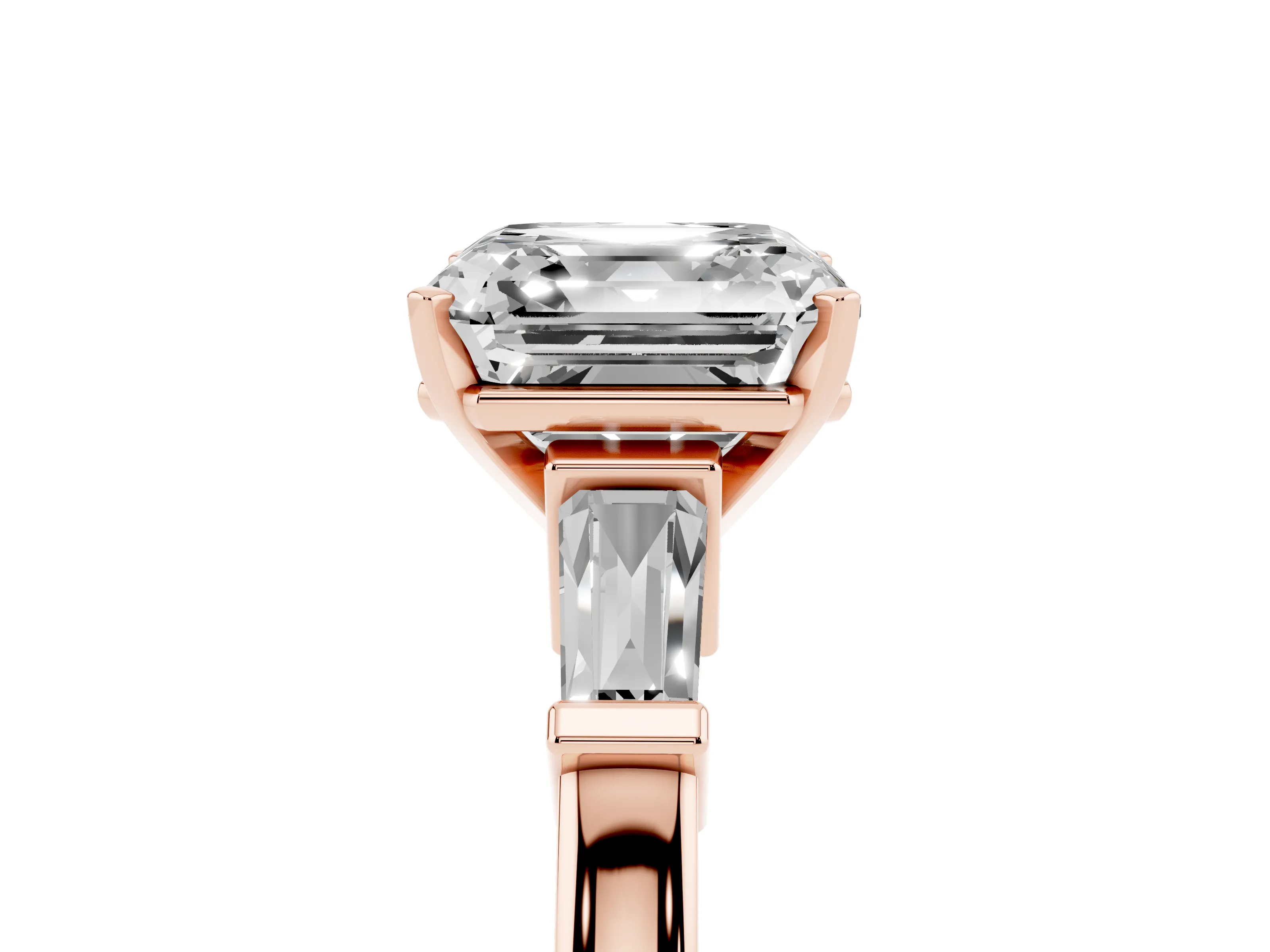 Asscher Cut Diamond Solitaire Ring Set in Rose gold with Tapered Baguette Accents and Prong Setting