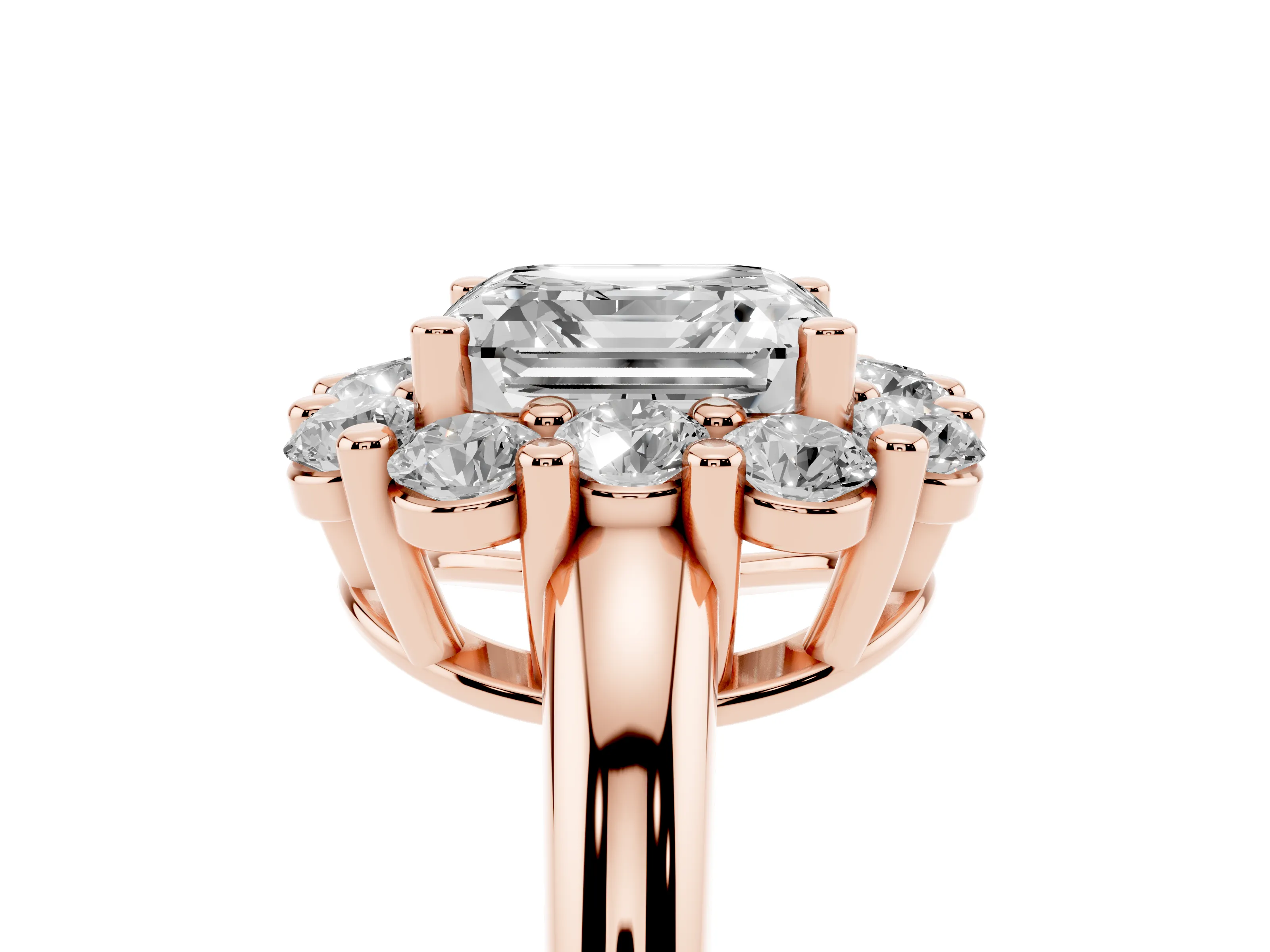 Asscher Cut Diamond Halo Cluster Engagement Ring Set in Rose gold with Polished Band and Prong Setting