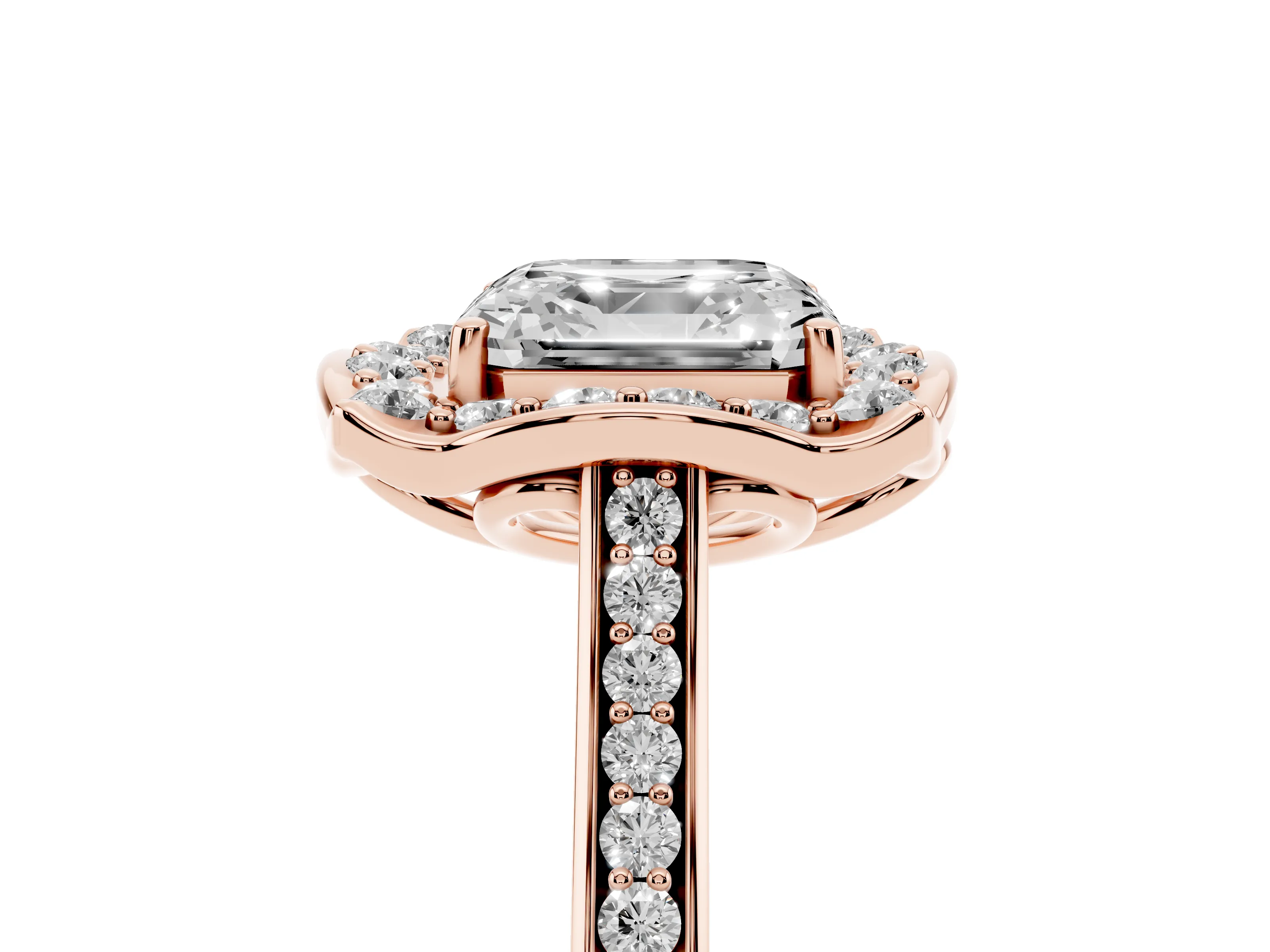 Asscher Cut Diamond Halo Ring Set in Rose gold with Pavé-Lined Shoulders and Prong Setting