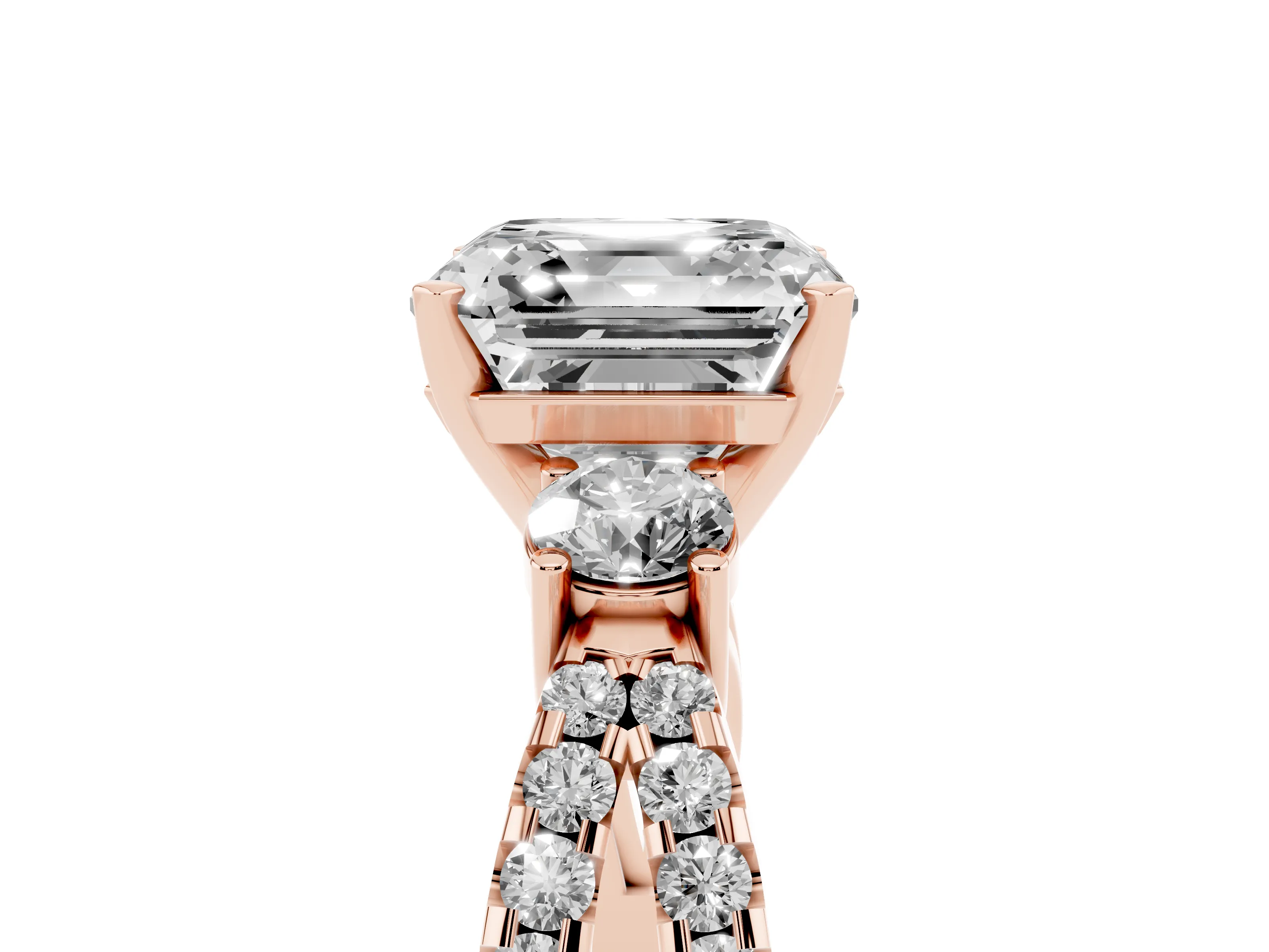 Asscher Cut Diamond Three-Stone Ring Set in Rose gold with Pavé Split Shank and Prong Setting
