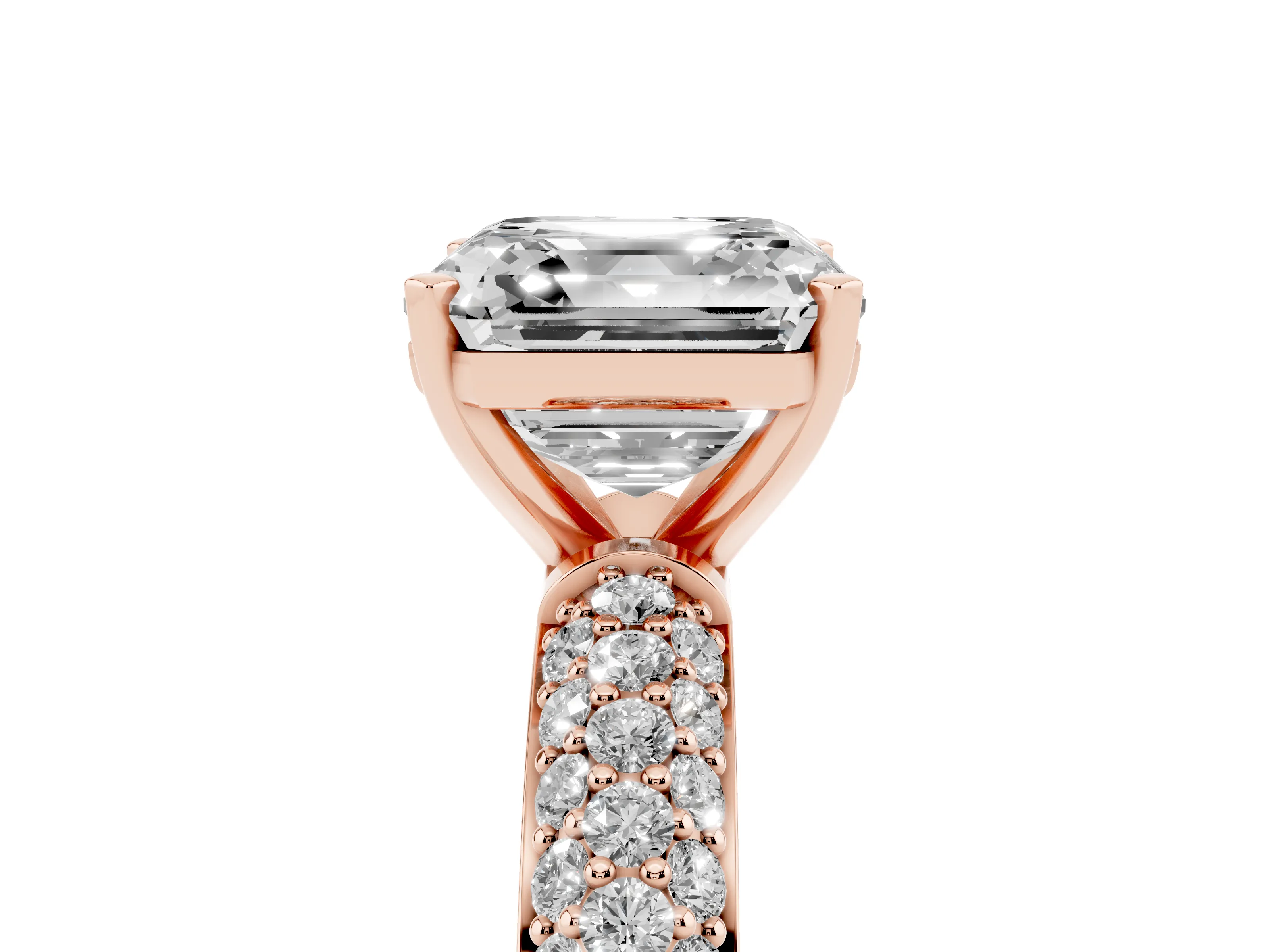 Asscher Cut Diamond Solitaire Ring Set in Rose gold with Prong Setting and Pavé-Set Band