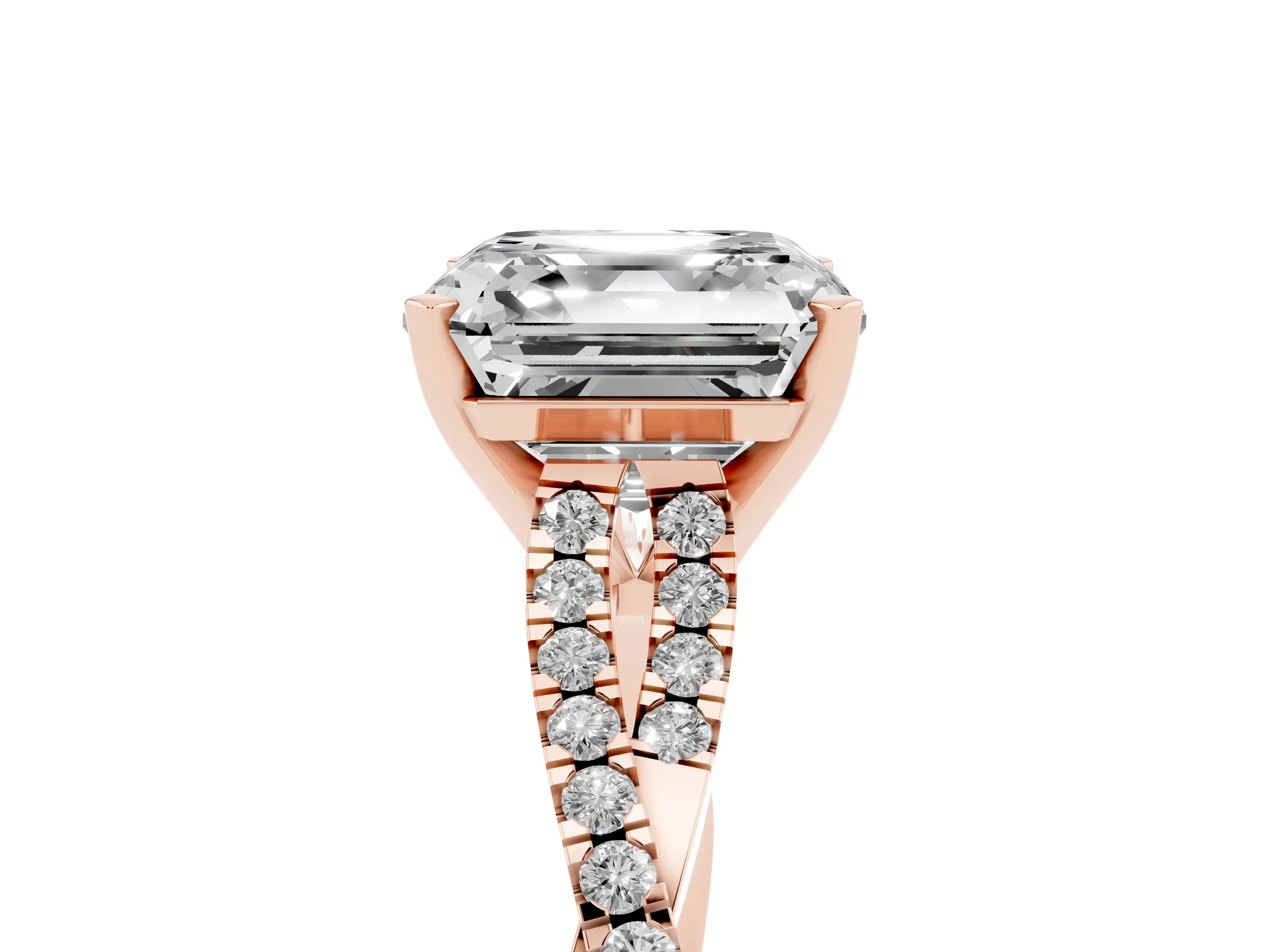 Asscher Cut Diamond Solitaire Engagement Ring Set in Rose gold with Twisted Pavé Band and Prong Setting