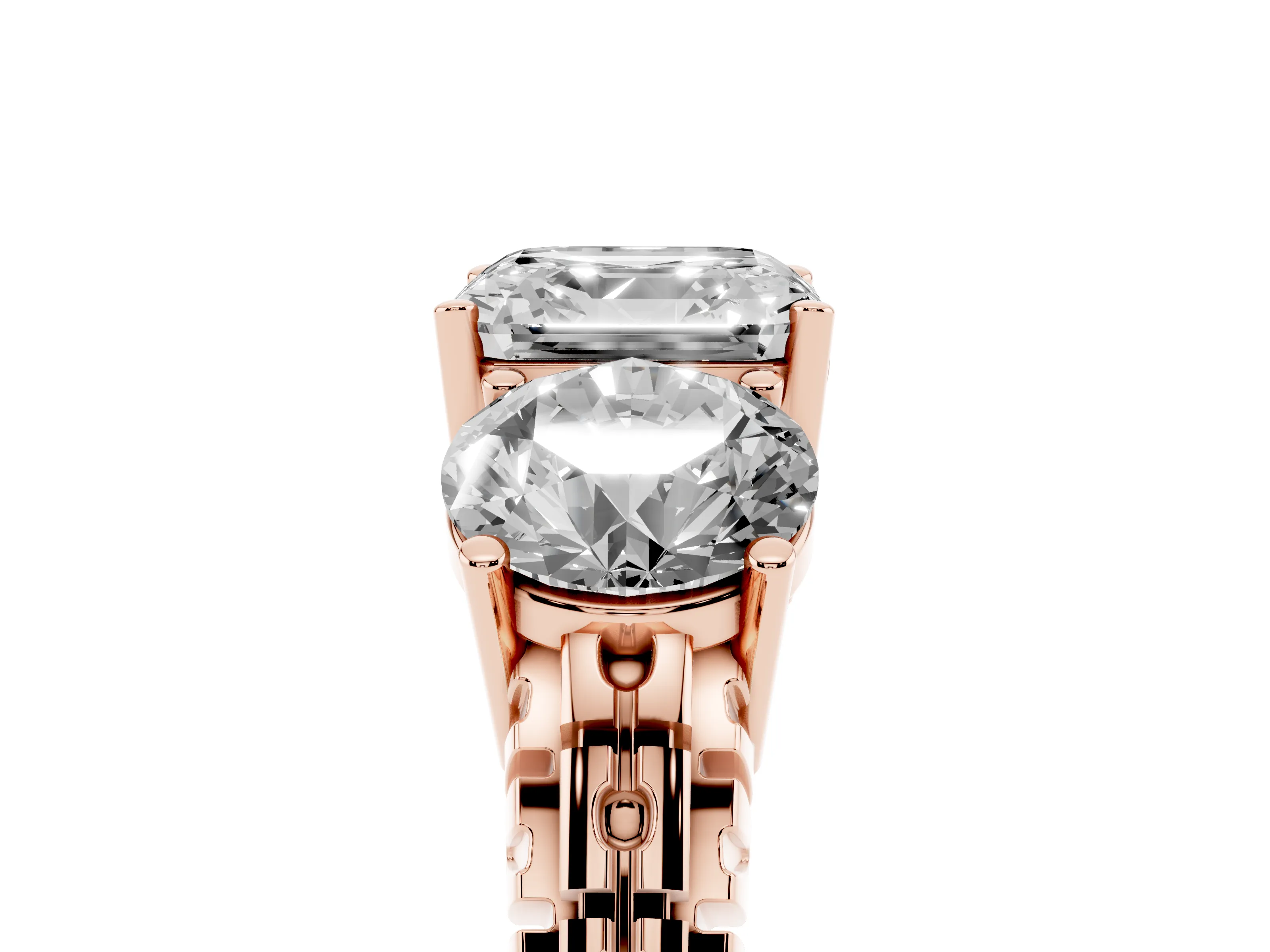 Asscher Cut Diamond Three-Stone Ring Set in Rose gold with Channel-Set Accent Band
