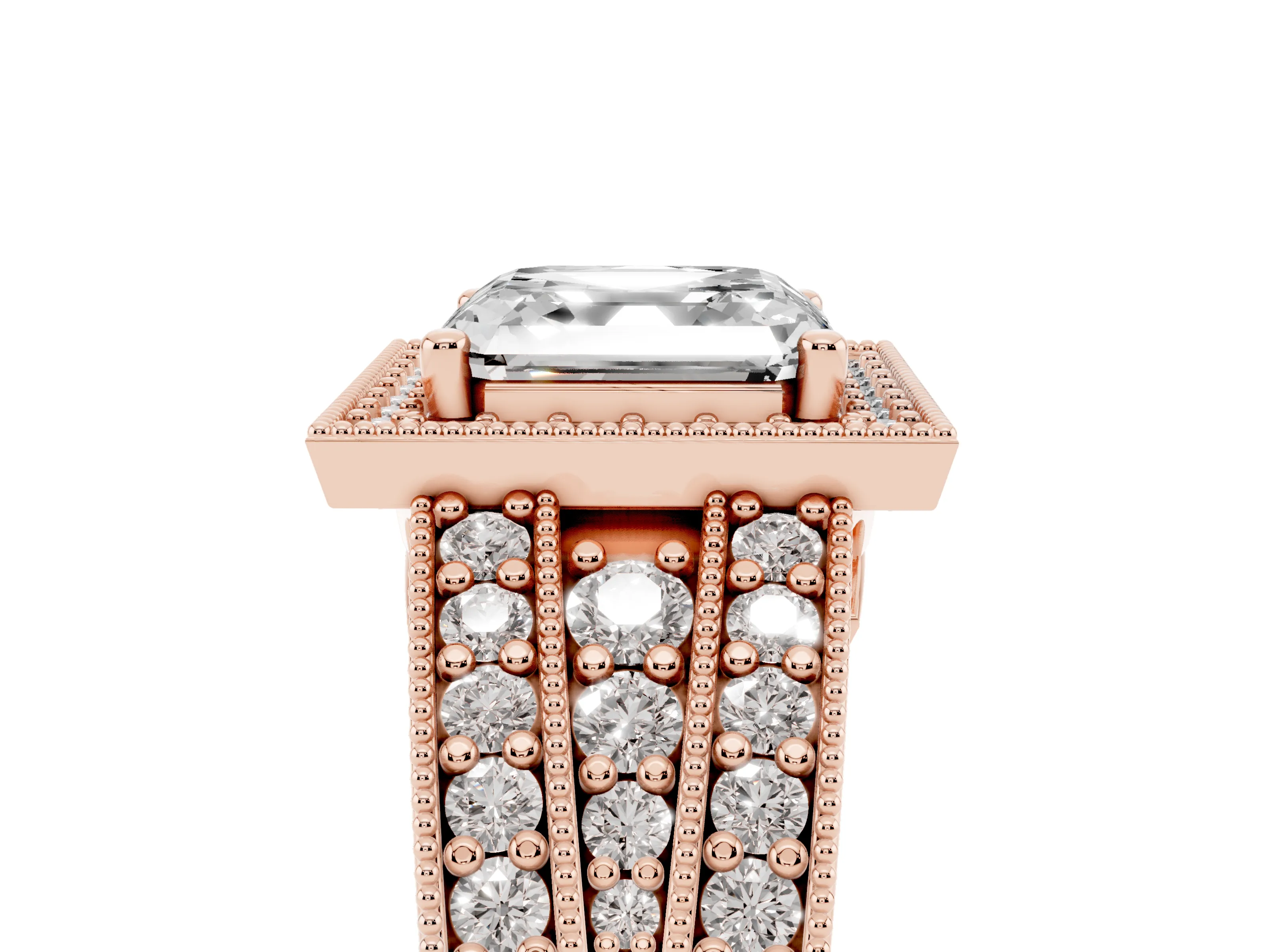Asscher Cut Diamond Halo Ring Set in Rose gold with Accent Split Shank and Prong Setting