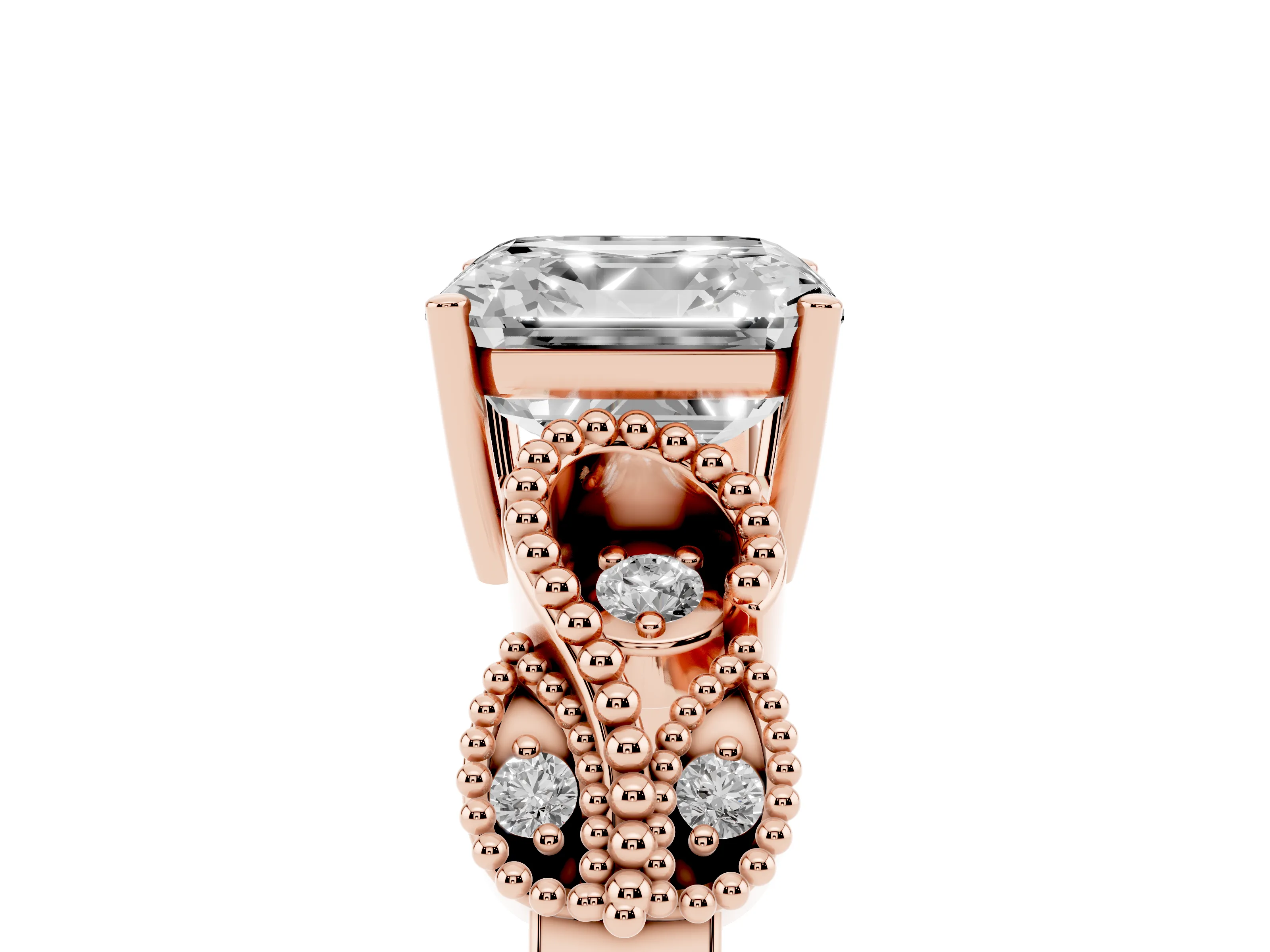 Asscher Cut Diamond Milgrain Leaf Band Solitaire Ring Set in Rose gold with Accent Stones and Prong Setting