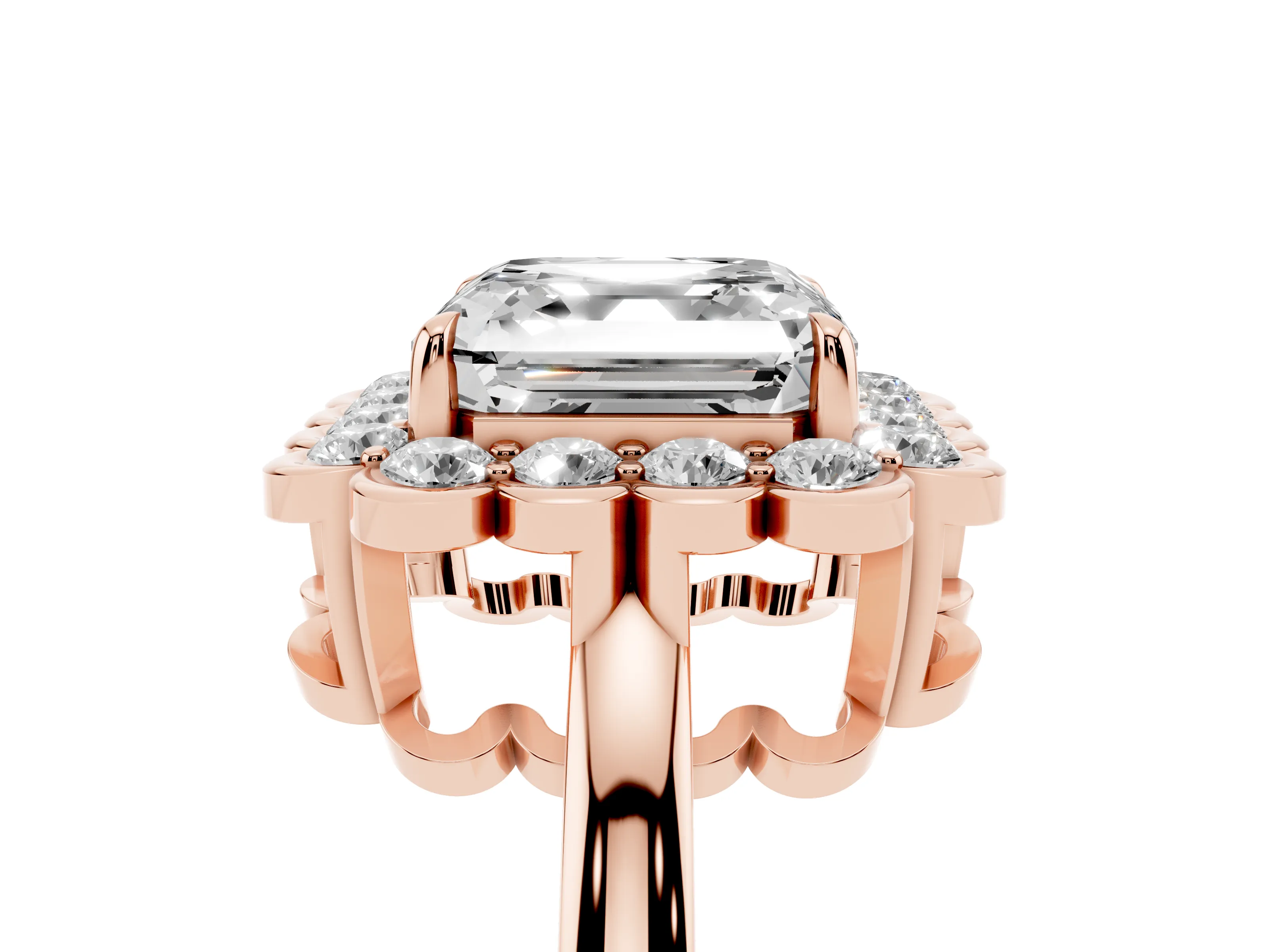 Asscher Cut Diamond Halo Cluster Engagement Ring Set in Rose gold with Solitaire Band and Prong Setting