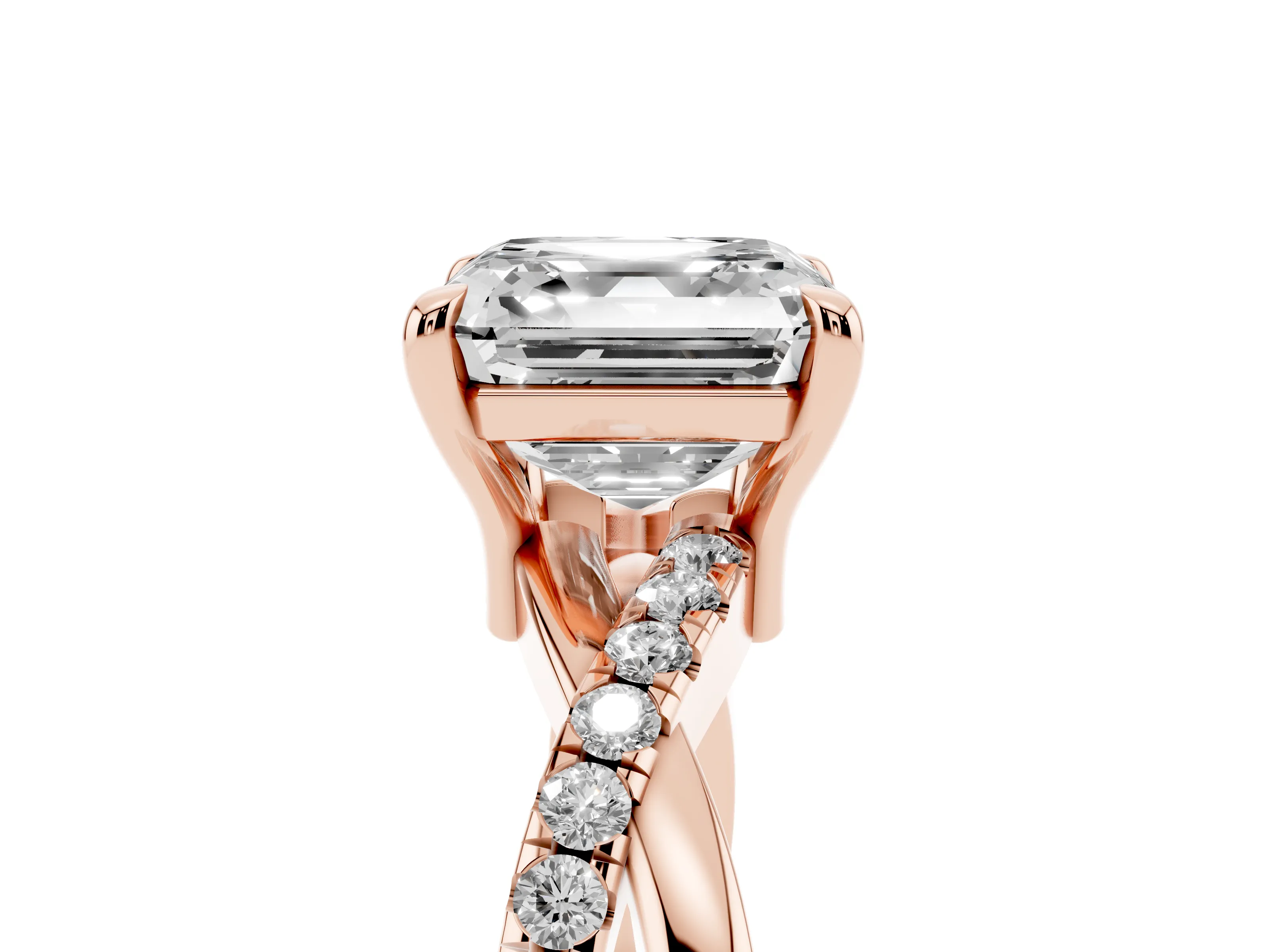 Asscher Cut Diamond Twist Band Pavé Solitaire Ring Set in Rose gold with Prong Setting