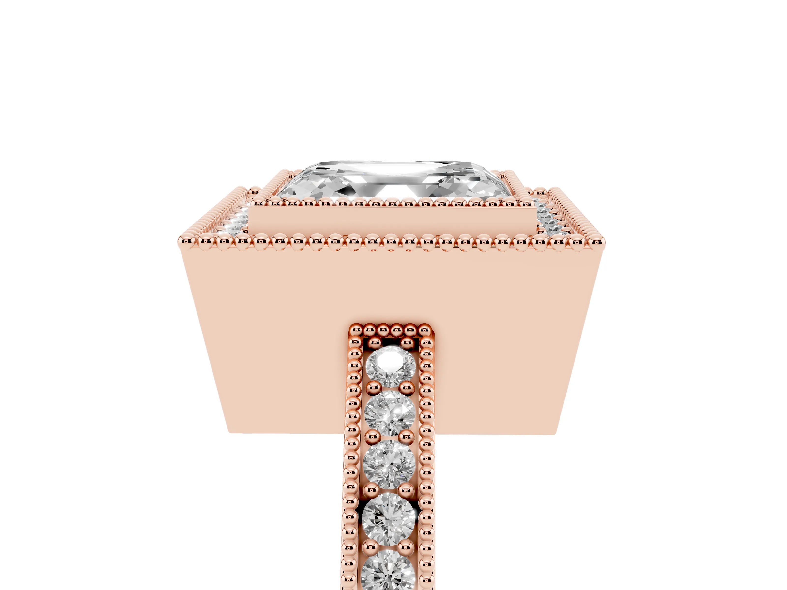 Asscher Cut Diamond Round Halo Ring Set in Rose gold with Pavé Band