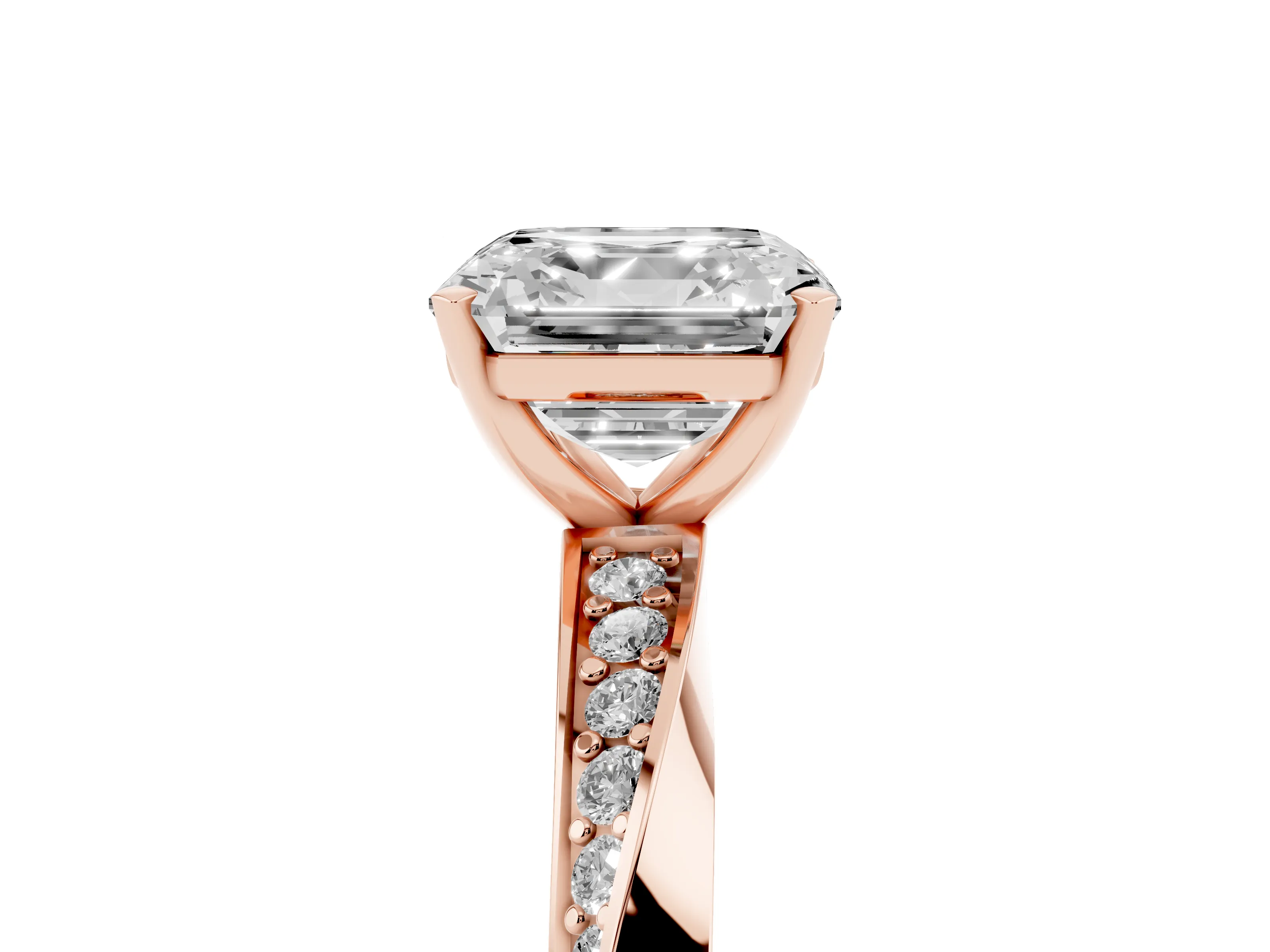 Asscher Cut Diamond Engagement Ring Set in Rose gold with Side Stone Accents and Prong Setting