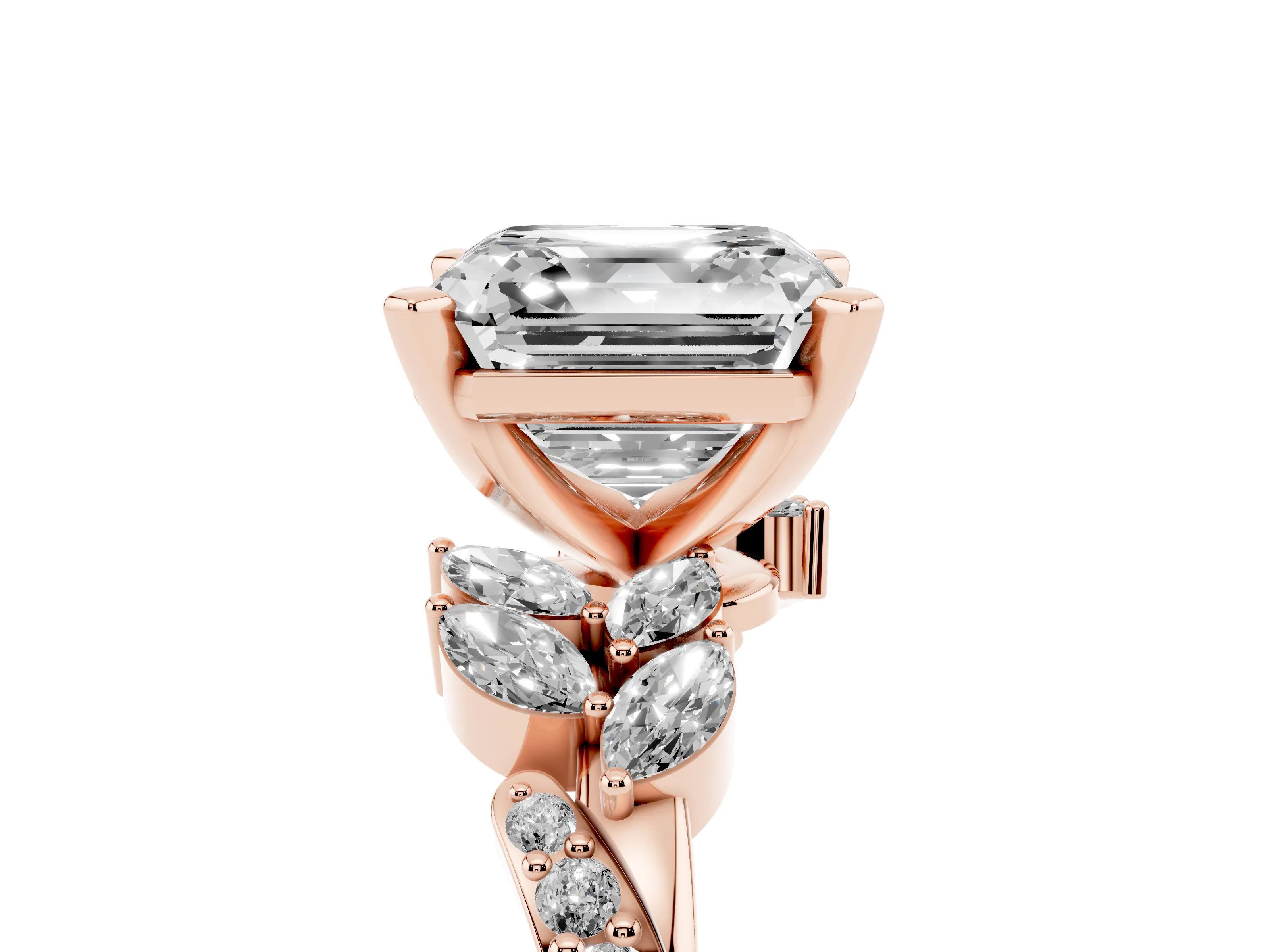 Asscher Cut Diamond Solitaire Ring Set in Rose gold with Marquise Twist Band and Prong Setting
