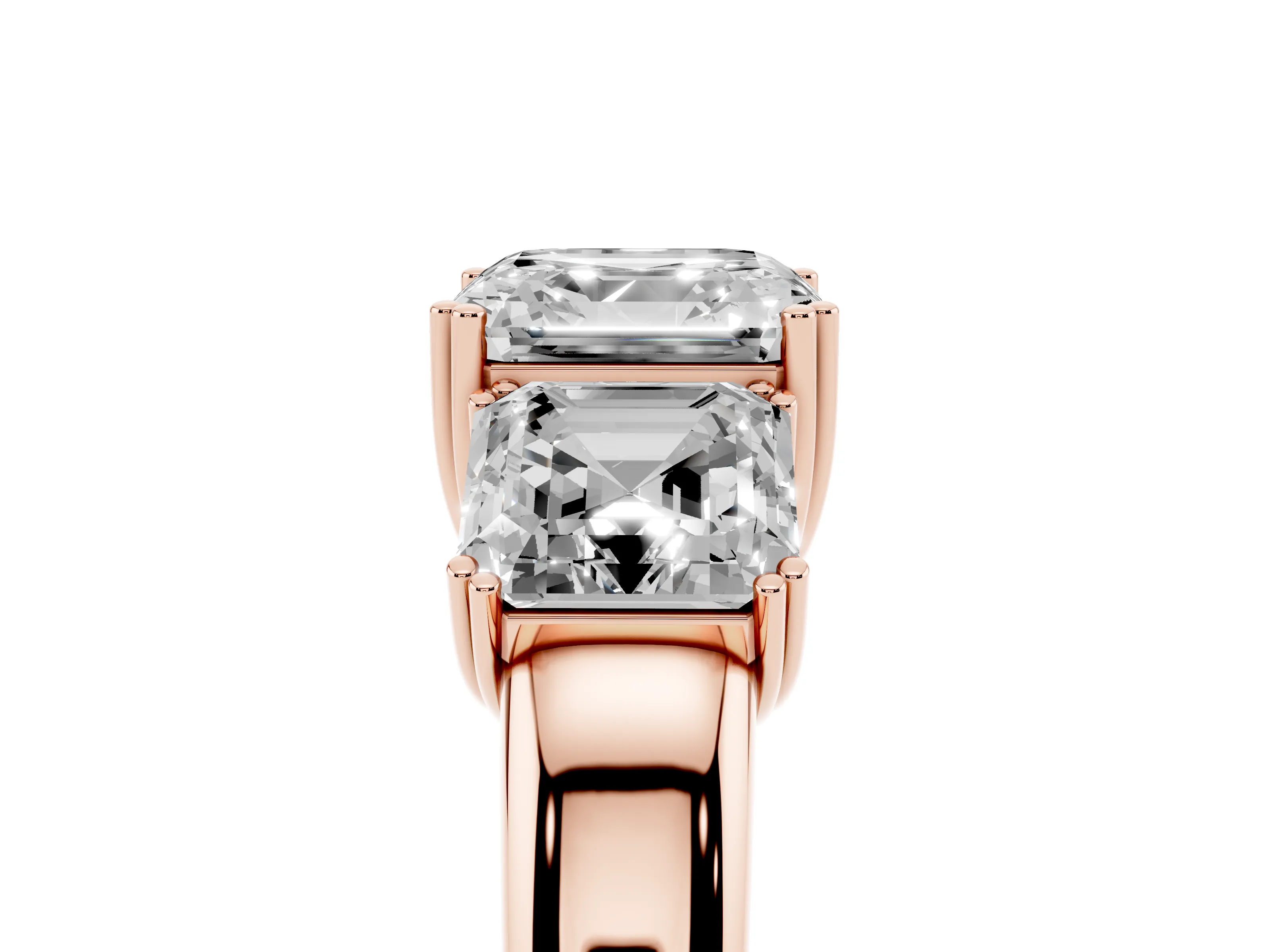 Asscher Cut Diamond Three-Stone Ring Set in Rose gold with Polished Band and Prong Setting