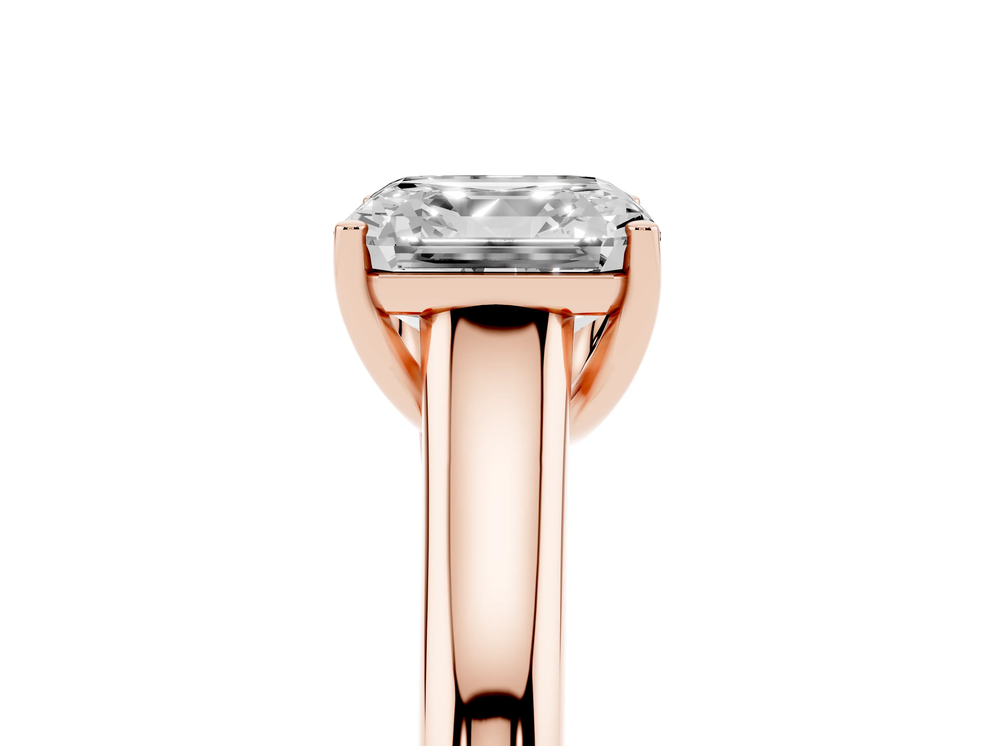 Asscher Cut Diamond Solitaire Engagement Ring Set in Rose gold with Subtly Tapered Band and Prong Setting