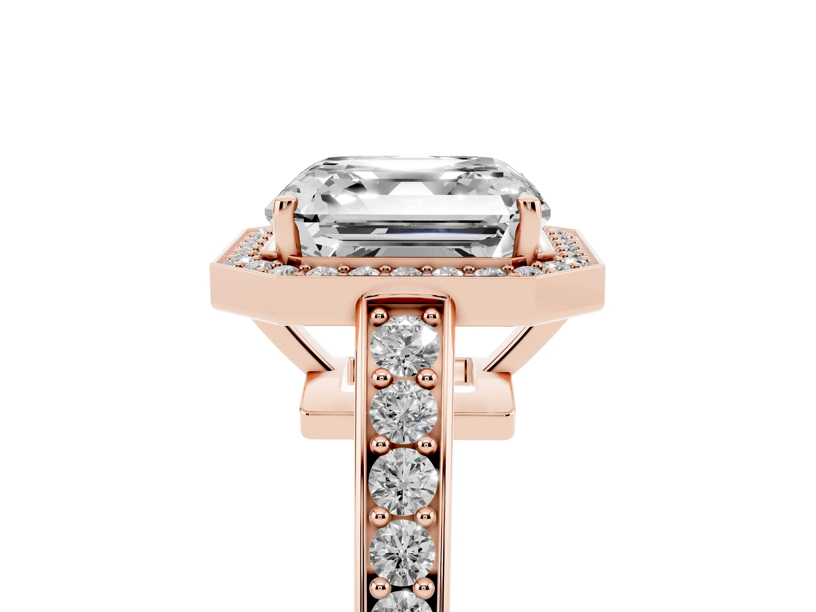 Asscher Cut Diamond Halo Pavé Engagement Ring Set in Rose gold with Bezel Setting