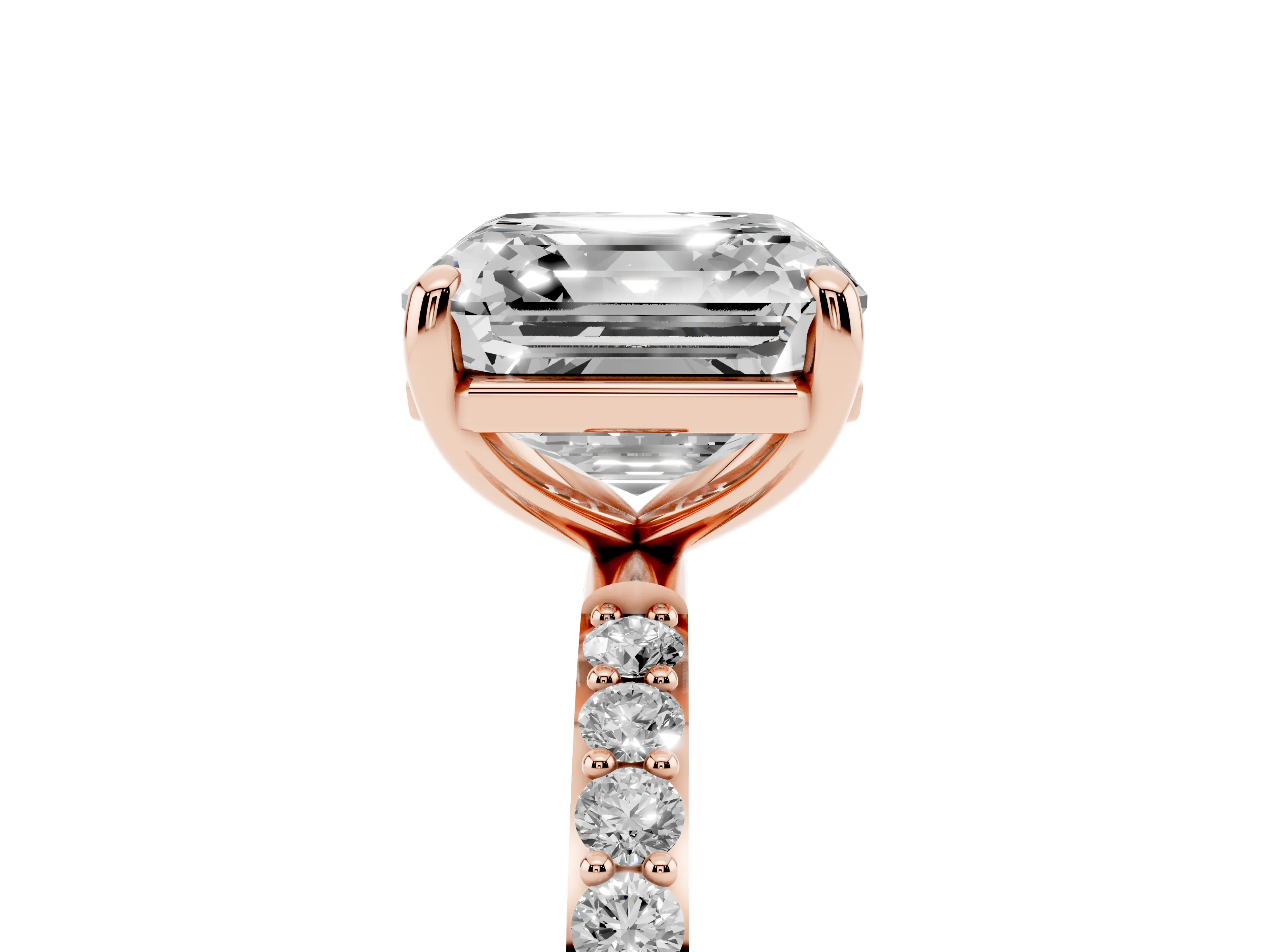 Asscher Cut Diamond Solitaire Ring Set in Rose gold with Round Pavé Band and Prong Setting
