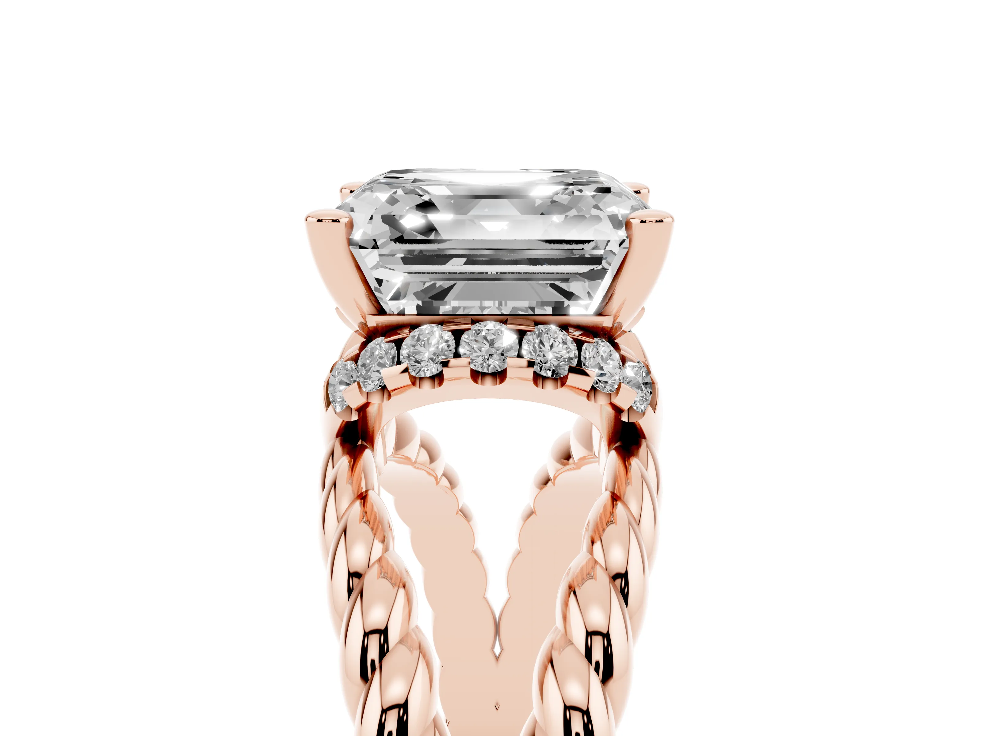 Asscher Cut Diamond Halo Ring Set in Rose gold with Twisted Band and Prong Setting