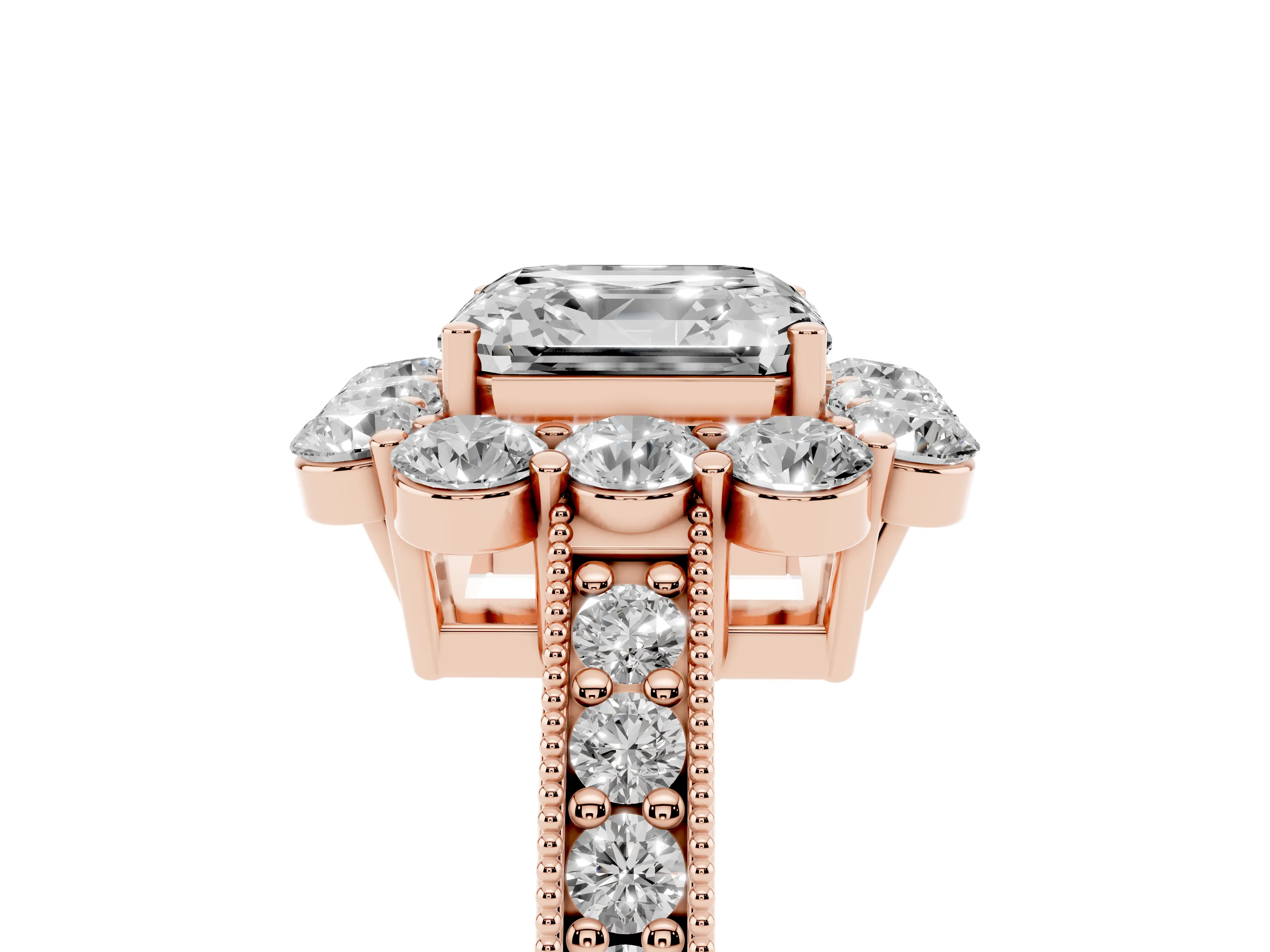 Asscher Cut Diamond Halo Pavé Engagement Ring Set in Rose gold with Milgrain Detailing