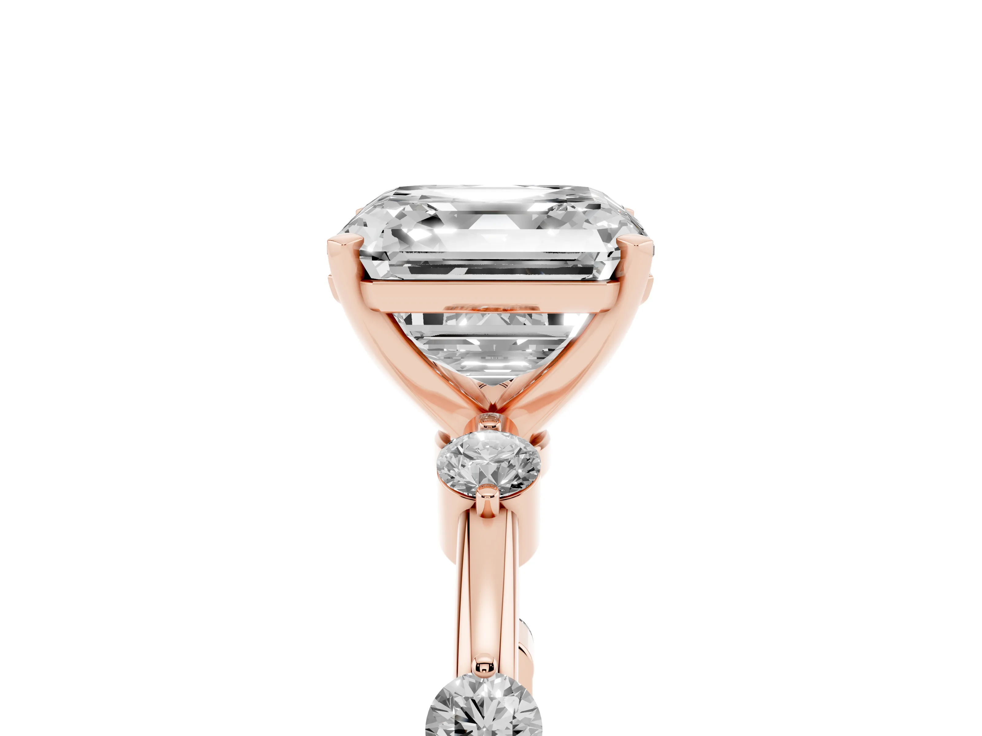 Asscher Cut Diamond Solitaire Ring Set in Rose gold with Bezel Set Side Stones and Prong Setting