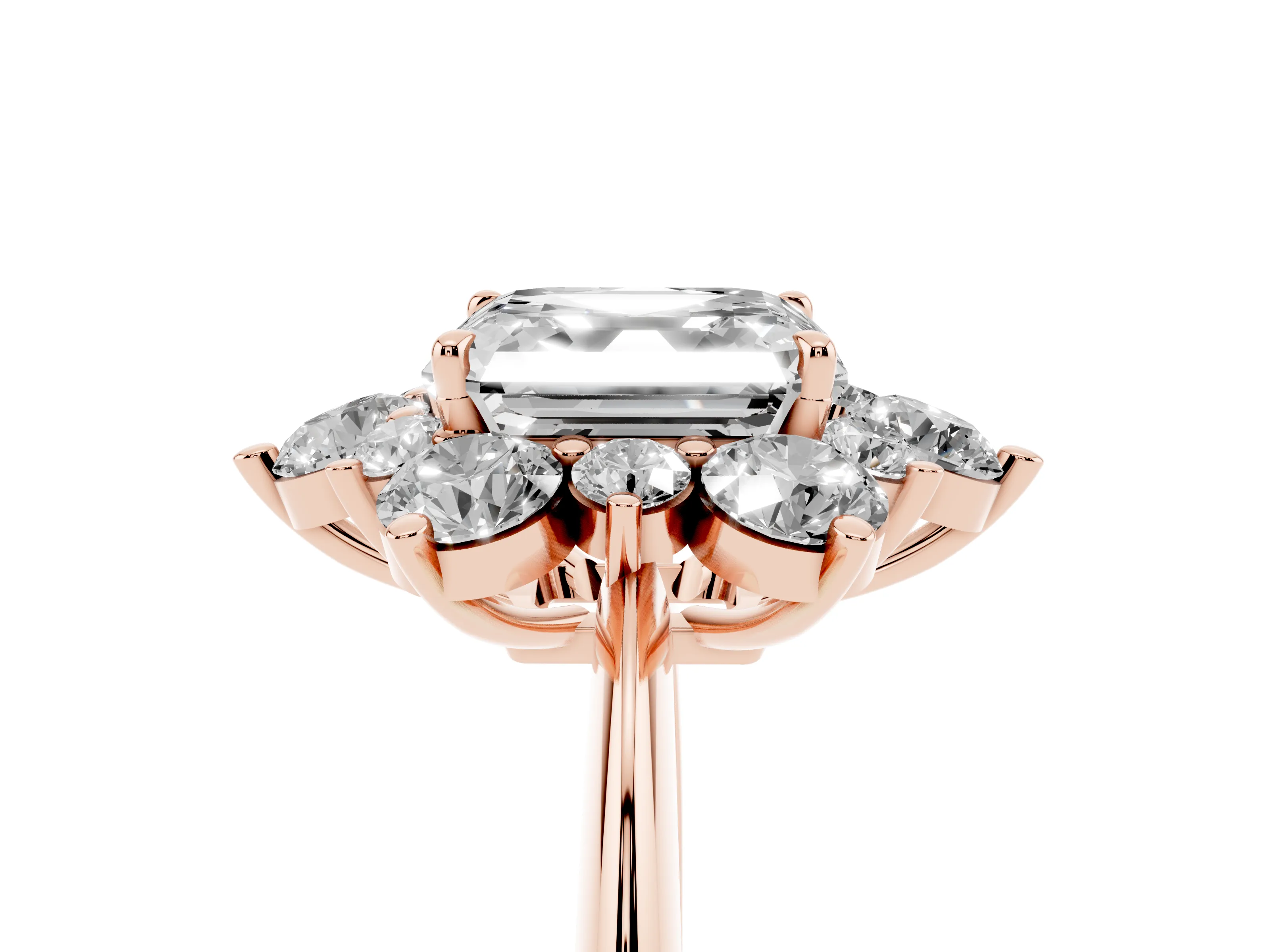 Asscher Cut Diamond Cluster Halo Ring Set in Rose gold with Solitaire Band and Prong Setting