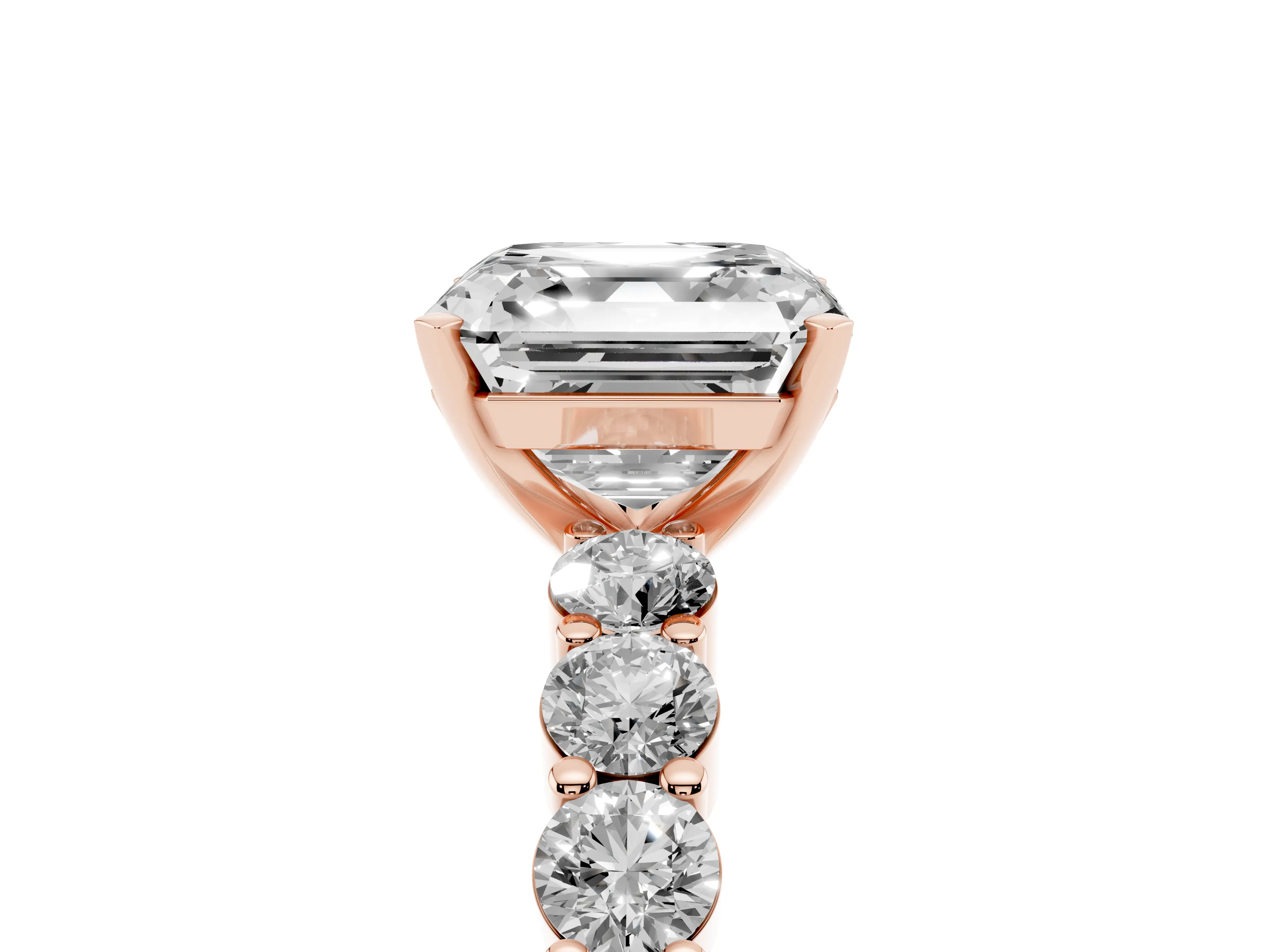 Asscher Cut Diamond Solitaire Ring Set in Rose gold with Shared Prong Round Side Stones