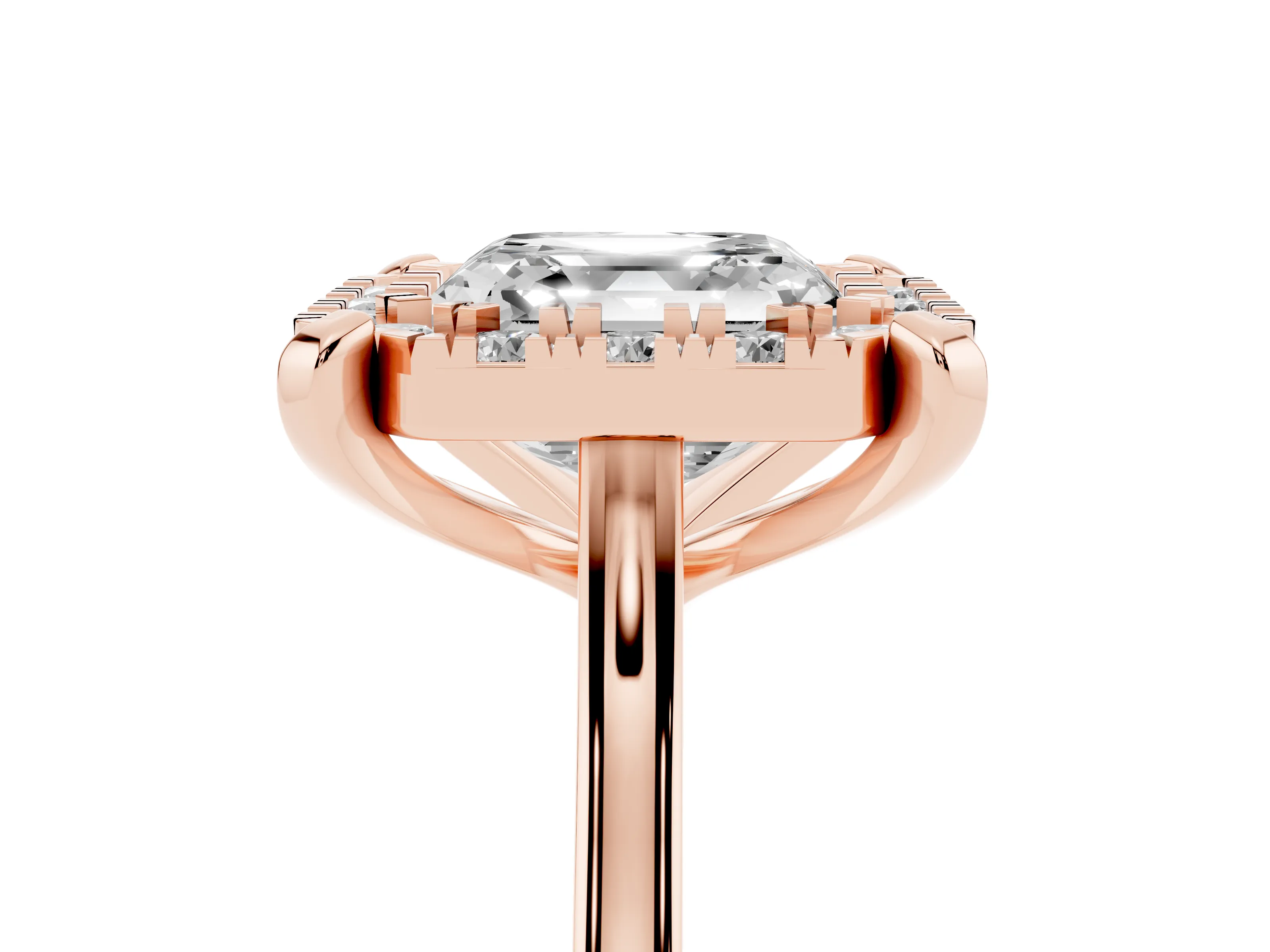 Asscher Cut Diamond Cluster Halo Solitaire Ring Set in Rose gold with Prong Setting