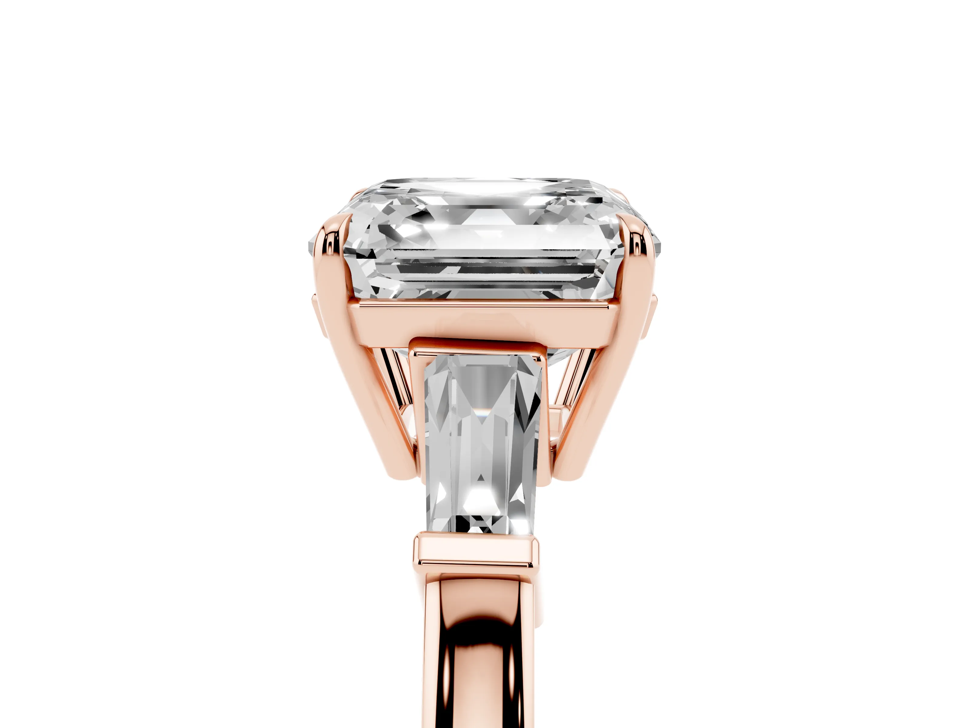 Asscher Cut Diamond Three-Stone Ring Set in Rose gold with Tapered Baguette Side Stones and Prong Setting