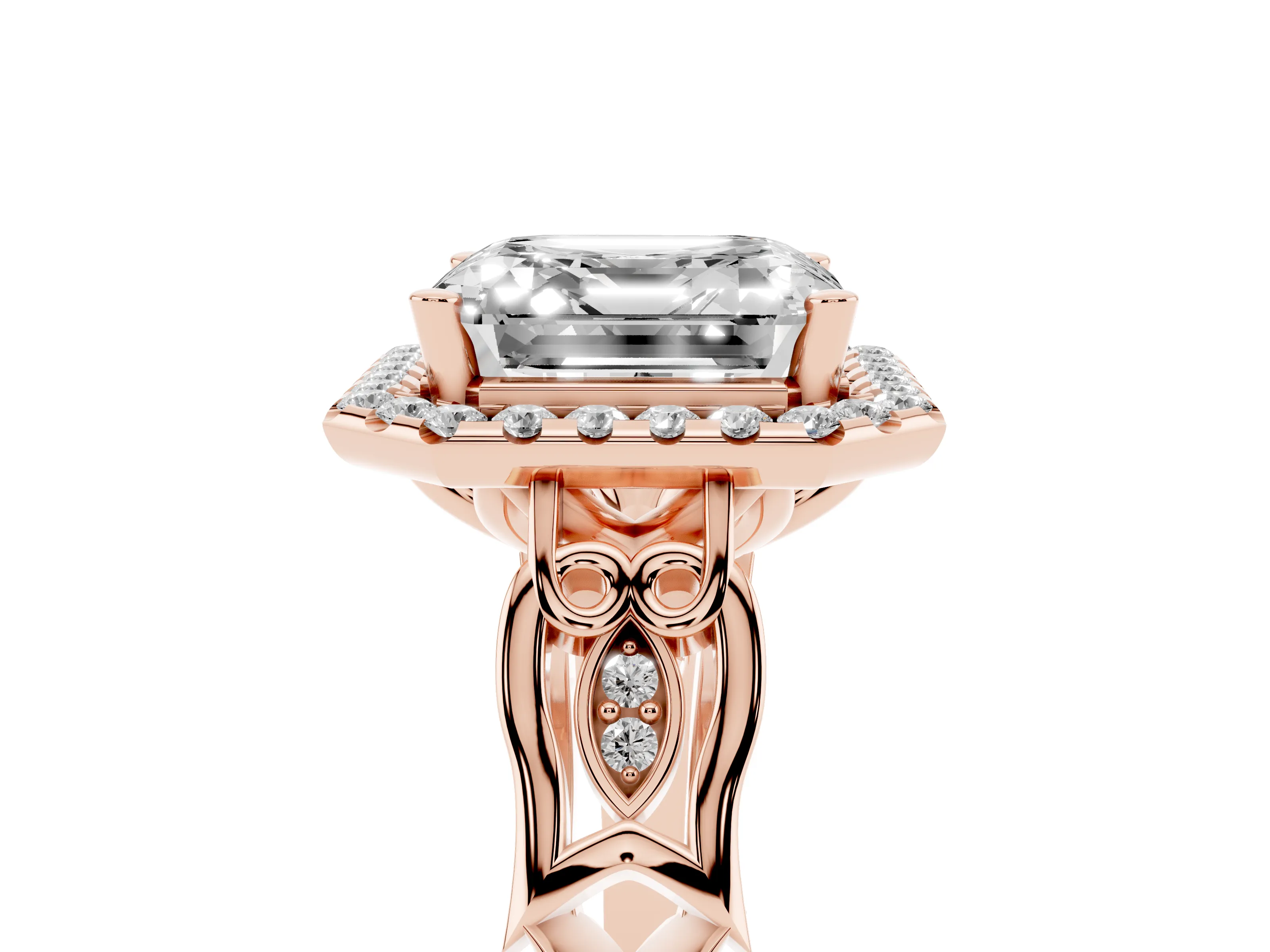Asscher Cut Diamond Halo Engagement Ring Set in Rose gold with Filigree Band and Prong-Set Center