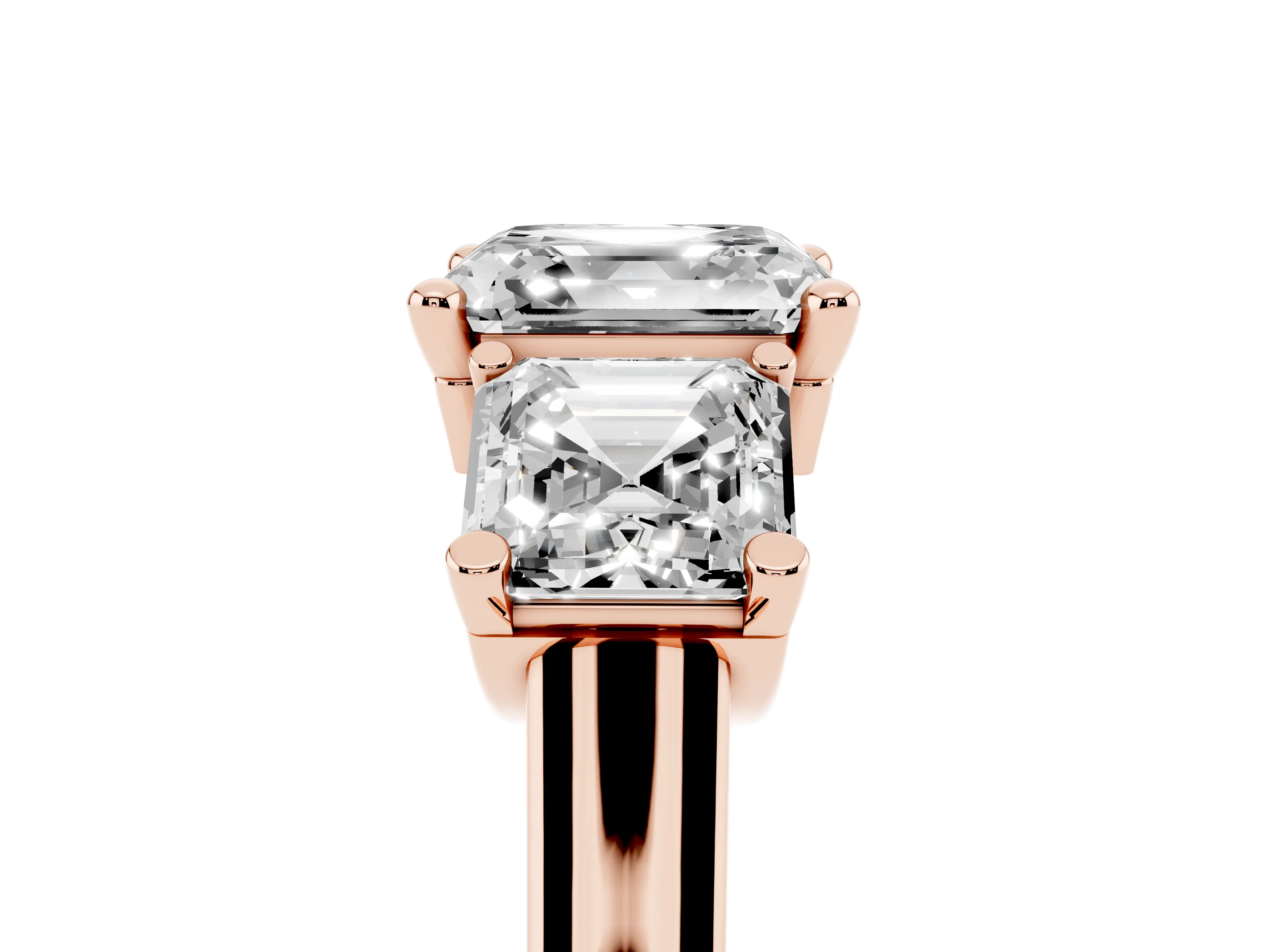 Asscher Cut Diamond Three-Stone Trellis Ring Set in Rose gold with Comfort Fit Band