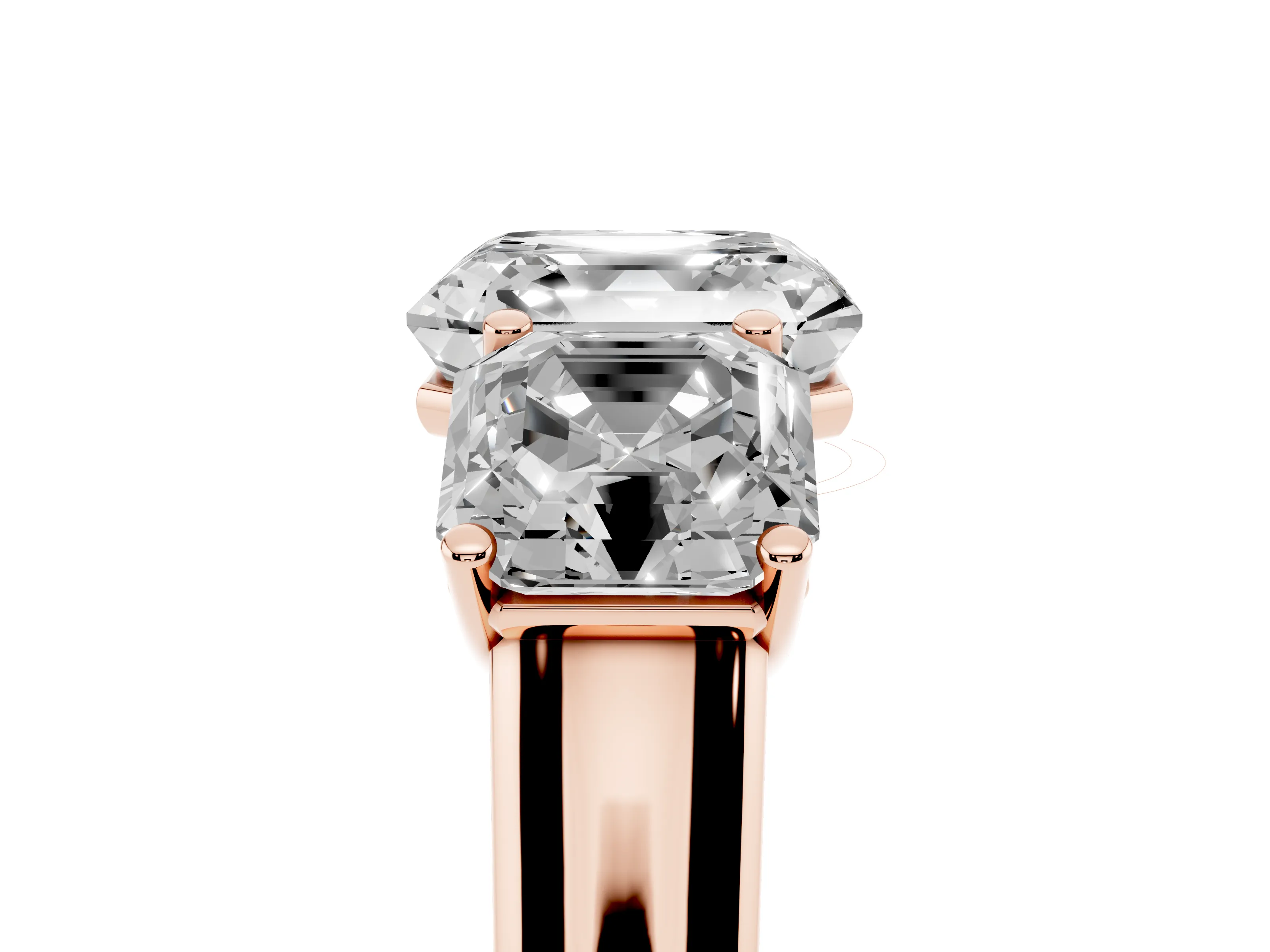 Asscher Cut Diamond Three-Stone Ring Set in Rose gold with Plain Polished Band