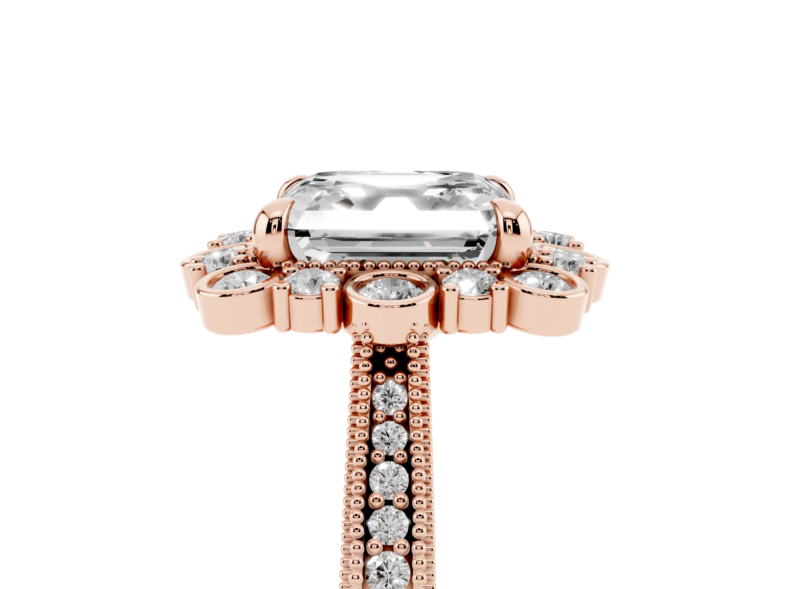 Asscher Cut Diamond Halo Milgrain Pavé Ring Set in Rose gold with Prong Setting