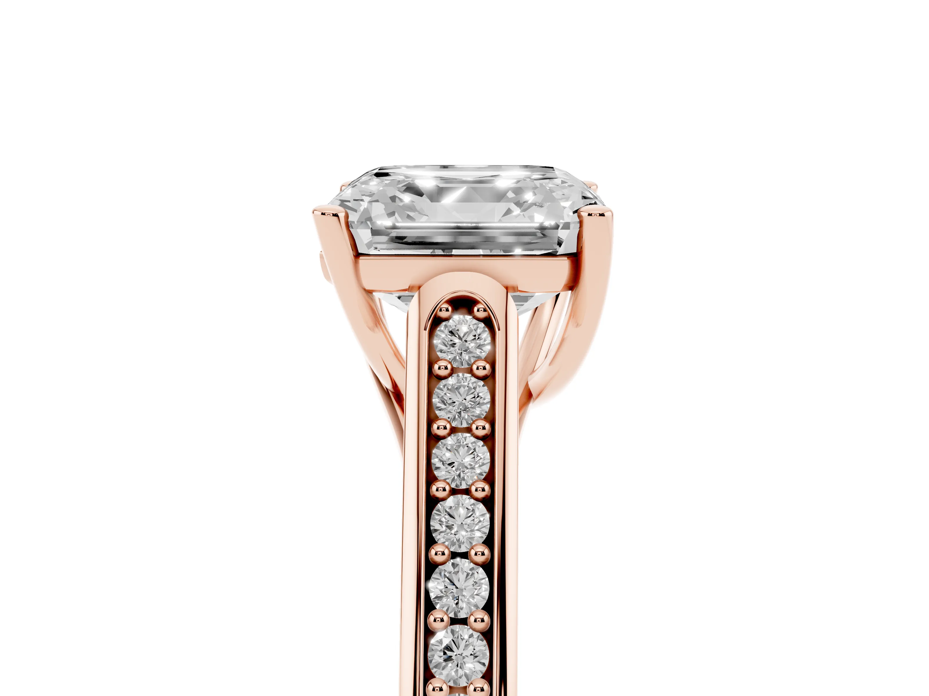 Asscher Cut Diamond Solitaire Cathedral Engagement Ring Set in Rose gold with Channel-Set Band and Prong Setting