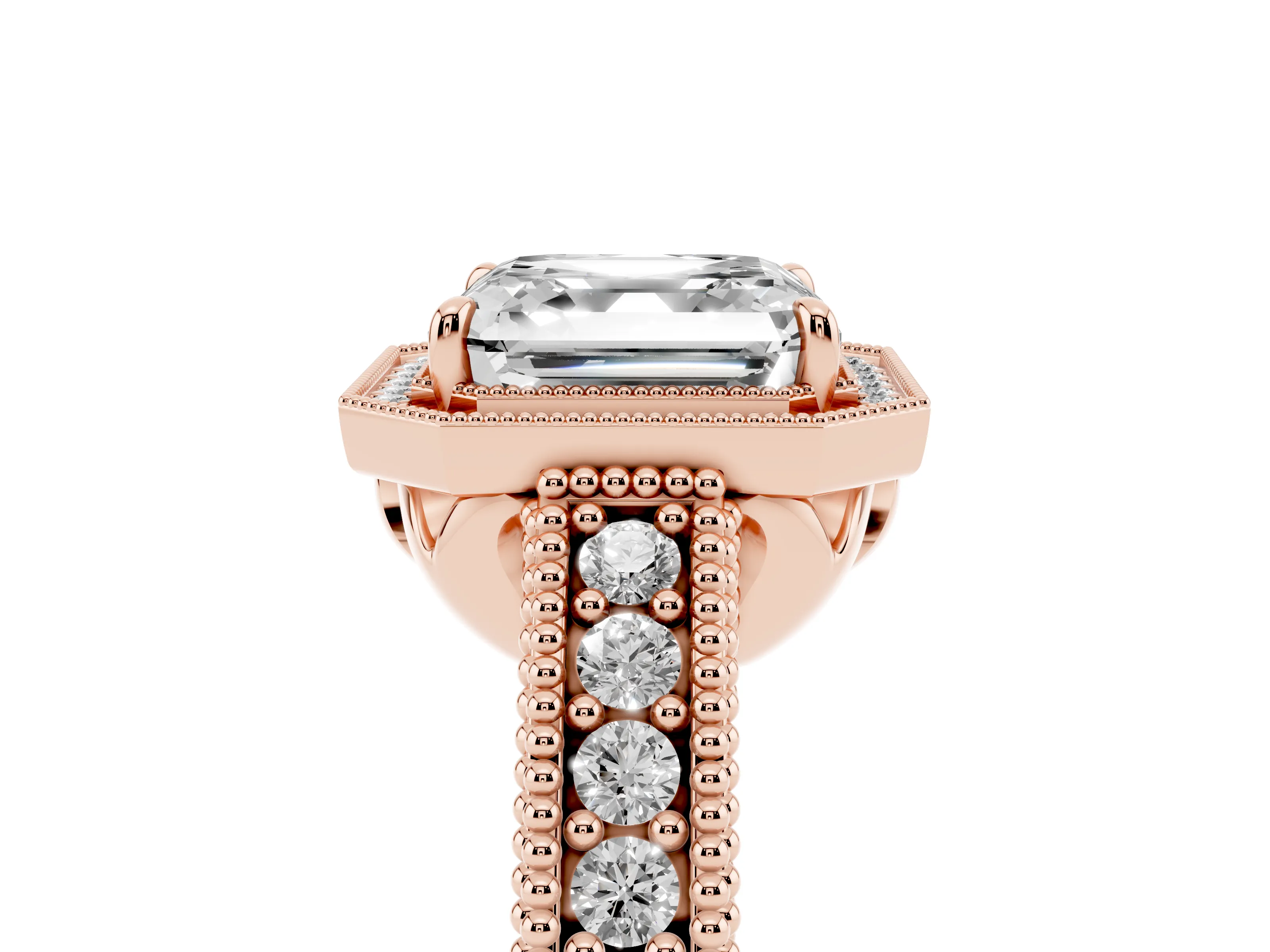Asscher Cut Diamond Halo Ring Set in Rose gold with Round Accent Halo, Pavé Band and Prong Setting