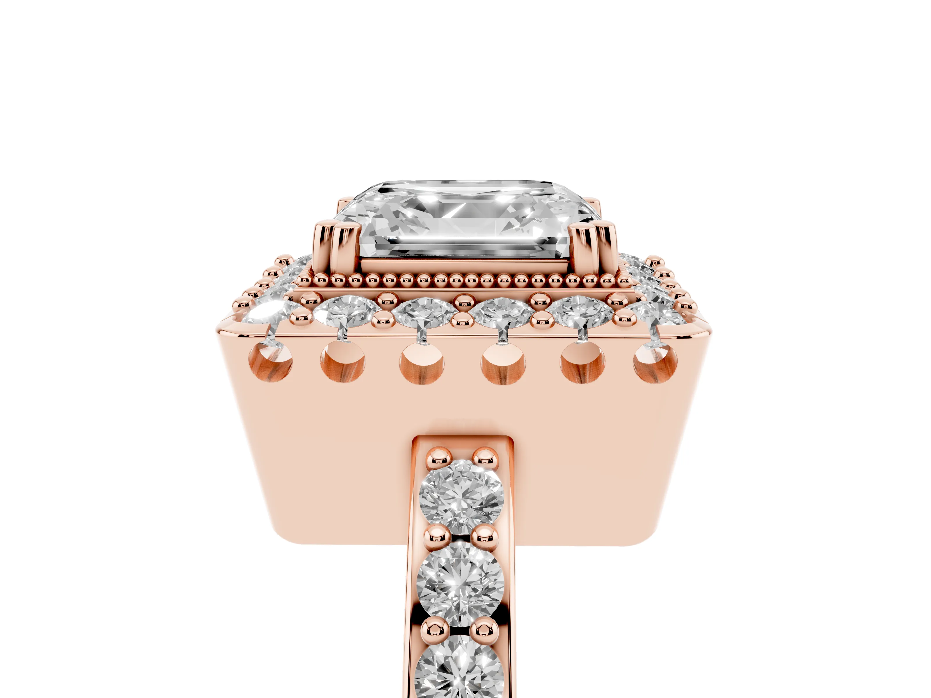 Asscher Cut Diamond Halo Ring Set in Rose gold with Pavé Shank and Prong Setting