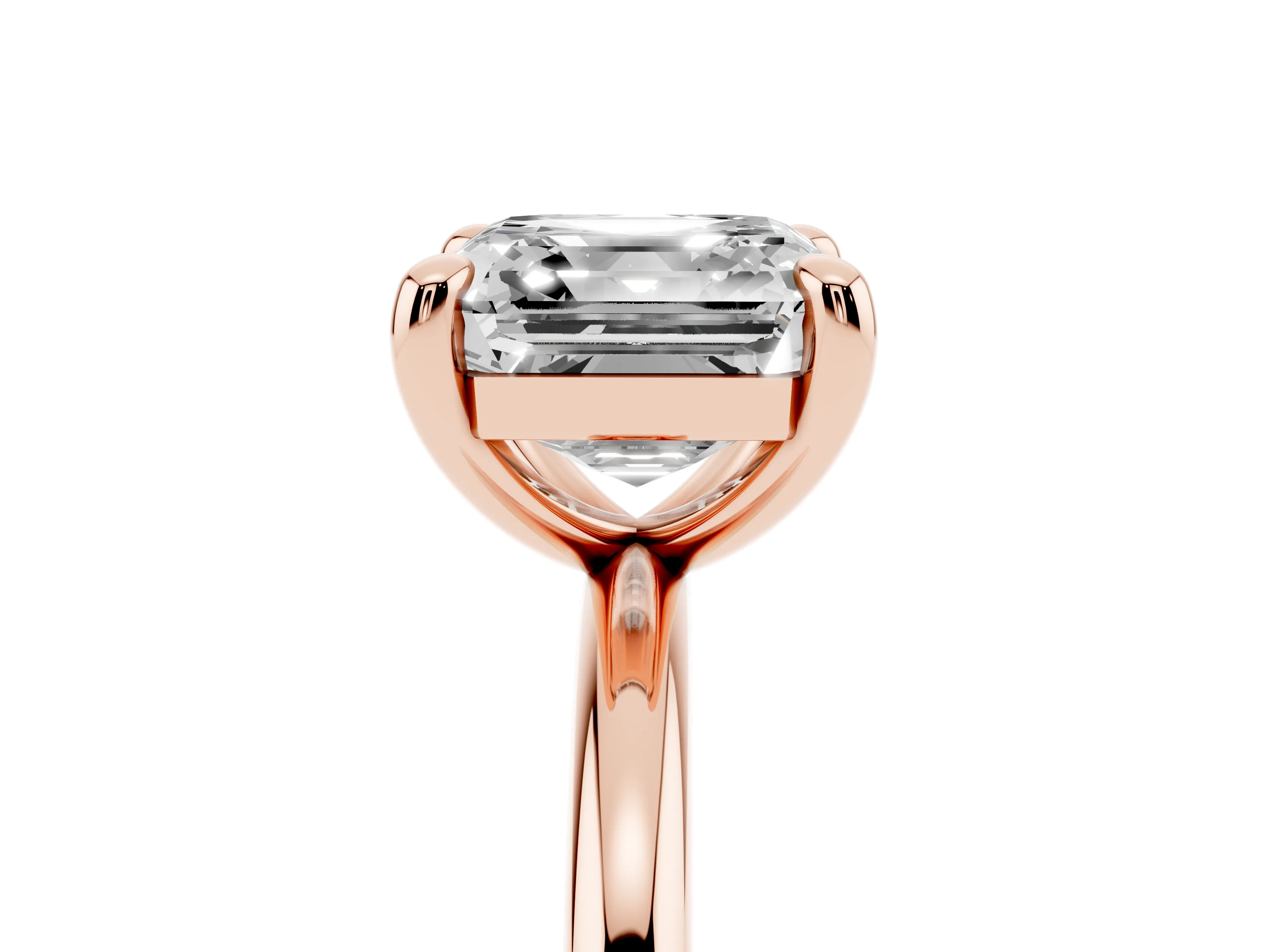 Asscher Cut Diamond Solitaire Ring Set in Rose gold with Prong Setting on a Polished Plain Band