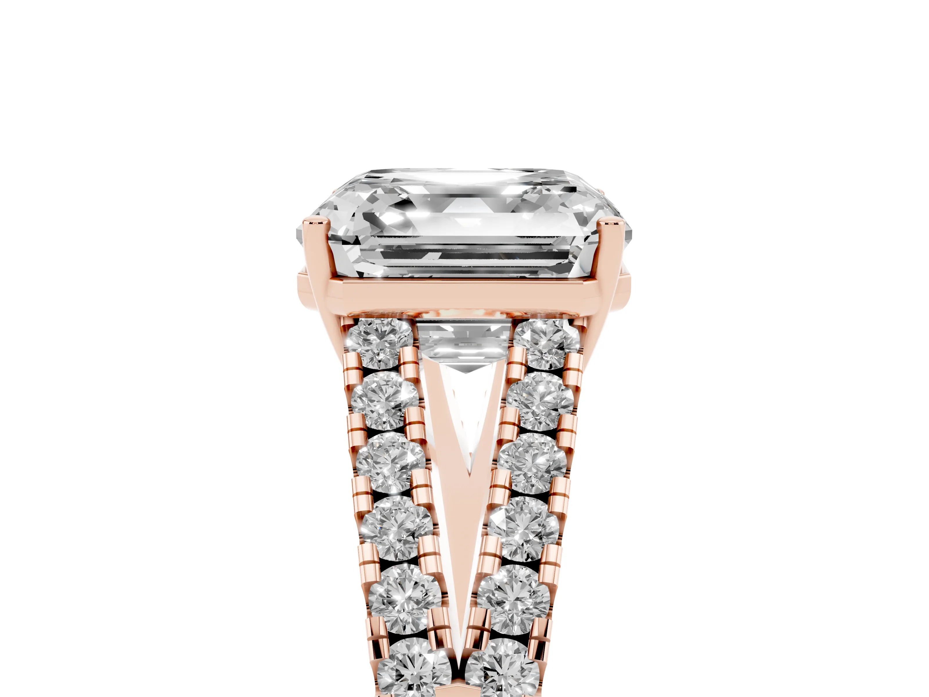 Asscher Cut Diamond Split Shank Pavé Engagement Ring Set in Rose gold with Prong-Held Center Stone