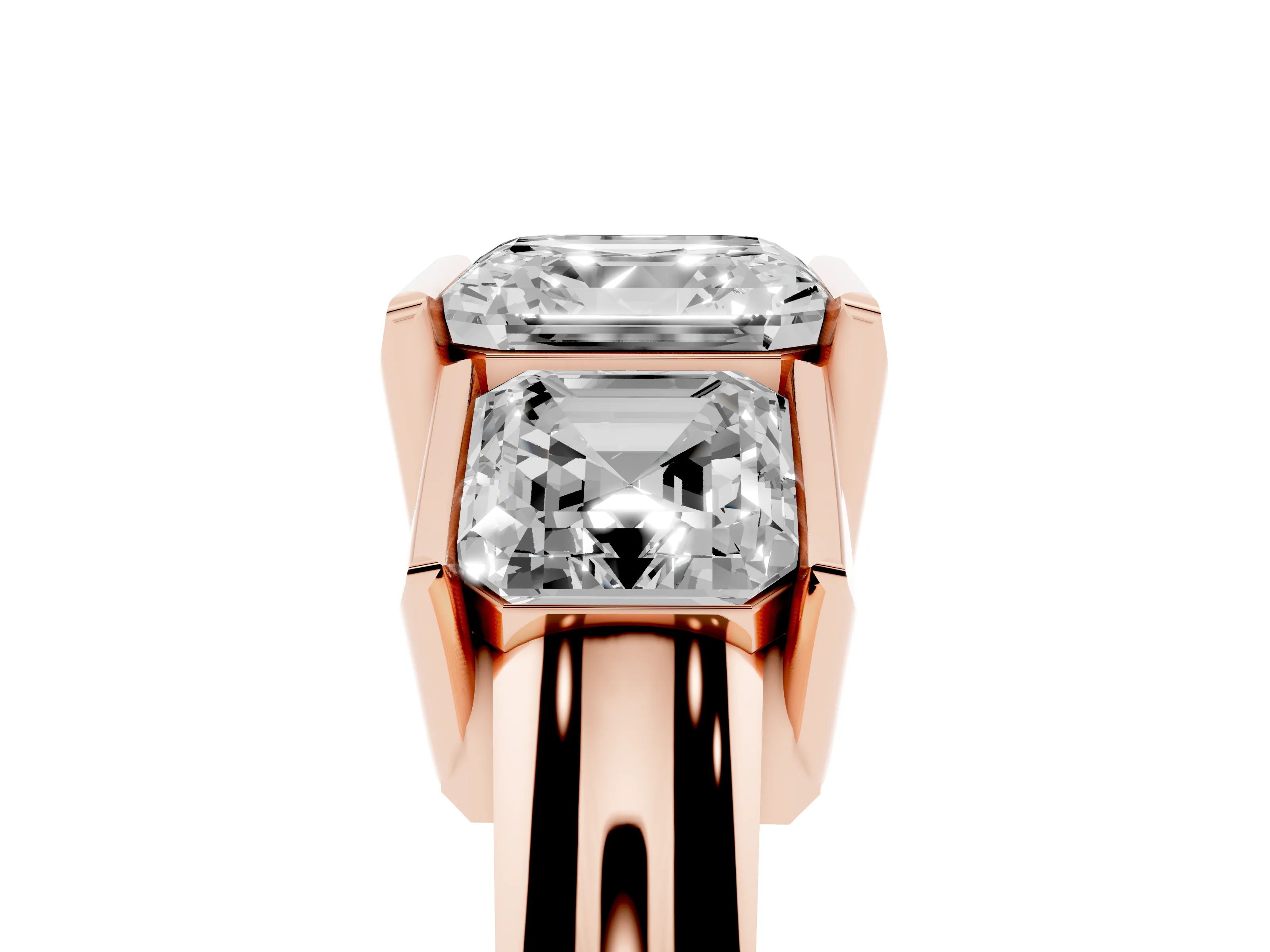 Asscher Cut Diamond Three-Stone Channel Set Ring Set in Rose gold with Smooth Polished Band