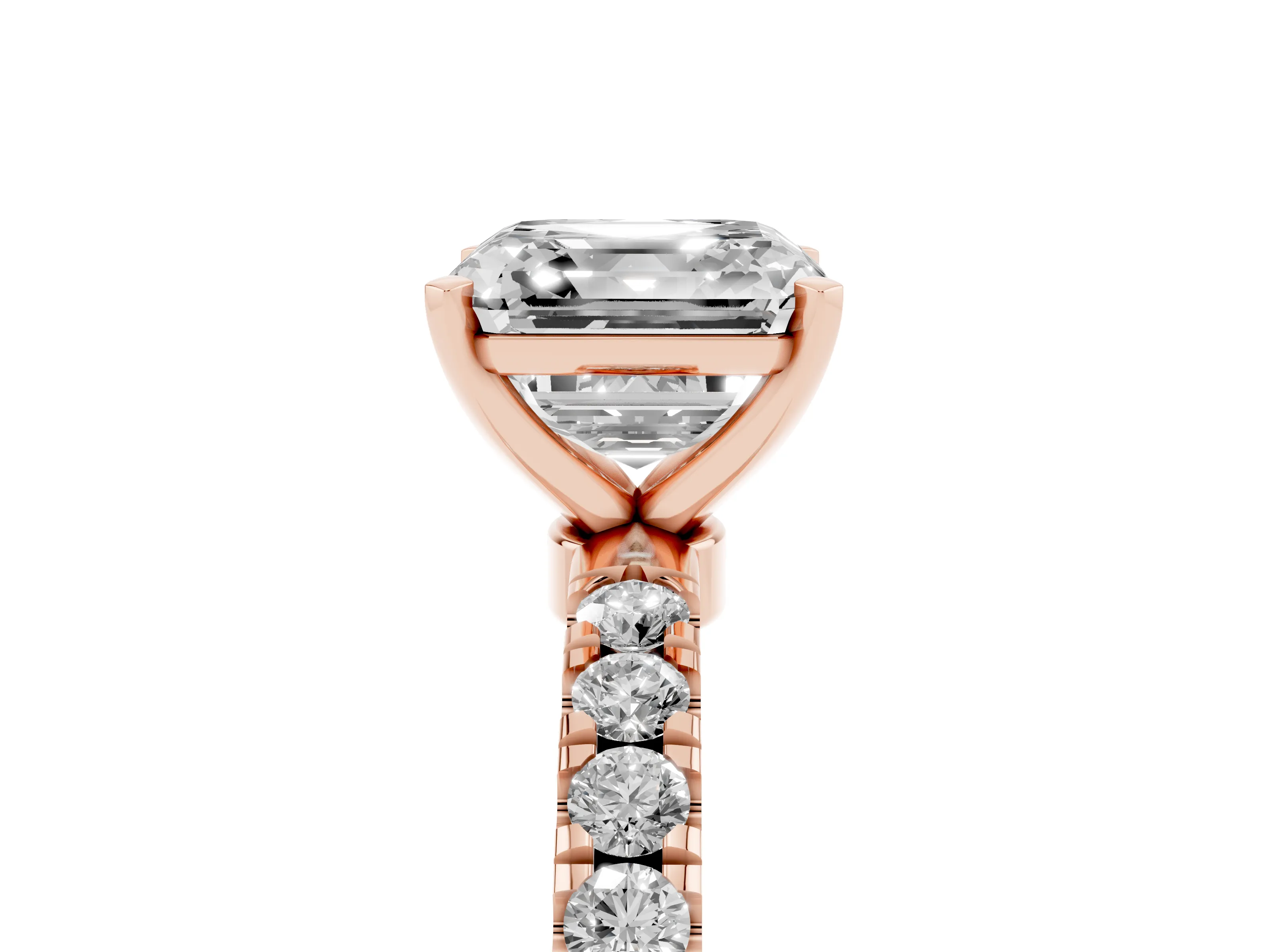 Asscher Cut Diamond Solitaire Ring Set in Rose gold with Pavé Accents and Prong Setting
