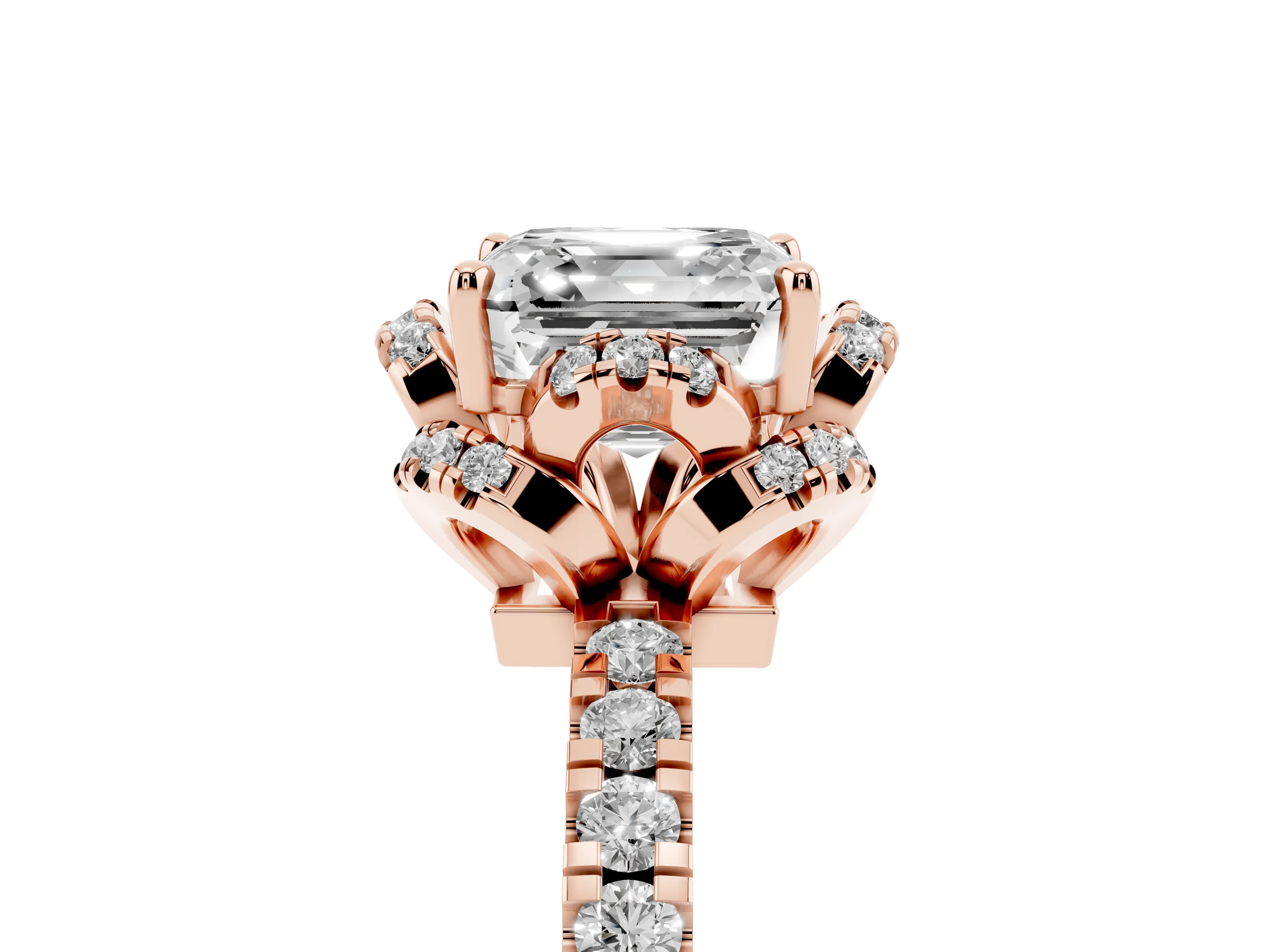 Asscher Cut Diamond Halo Pavé Band Ring Set in Rose gold with Prong-Held Center