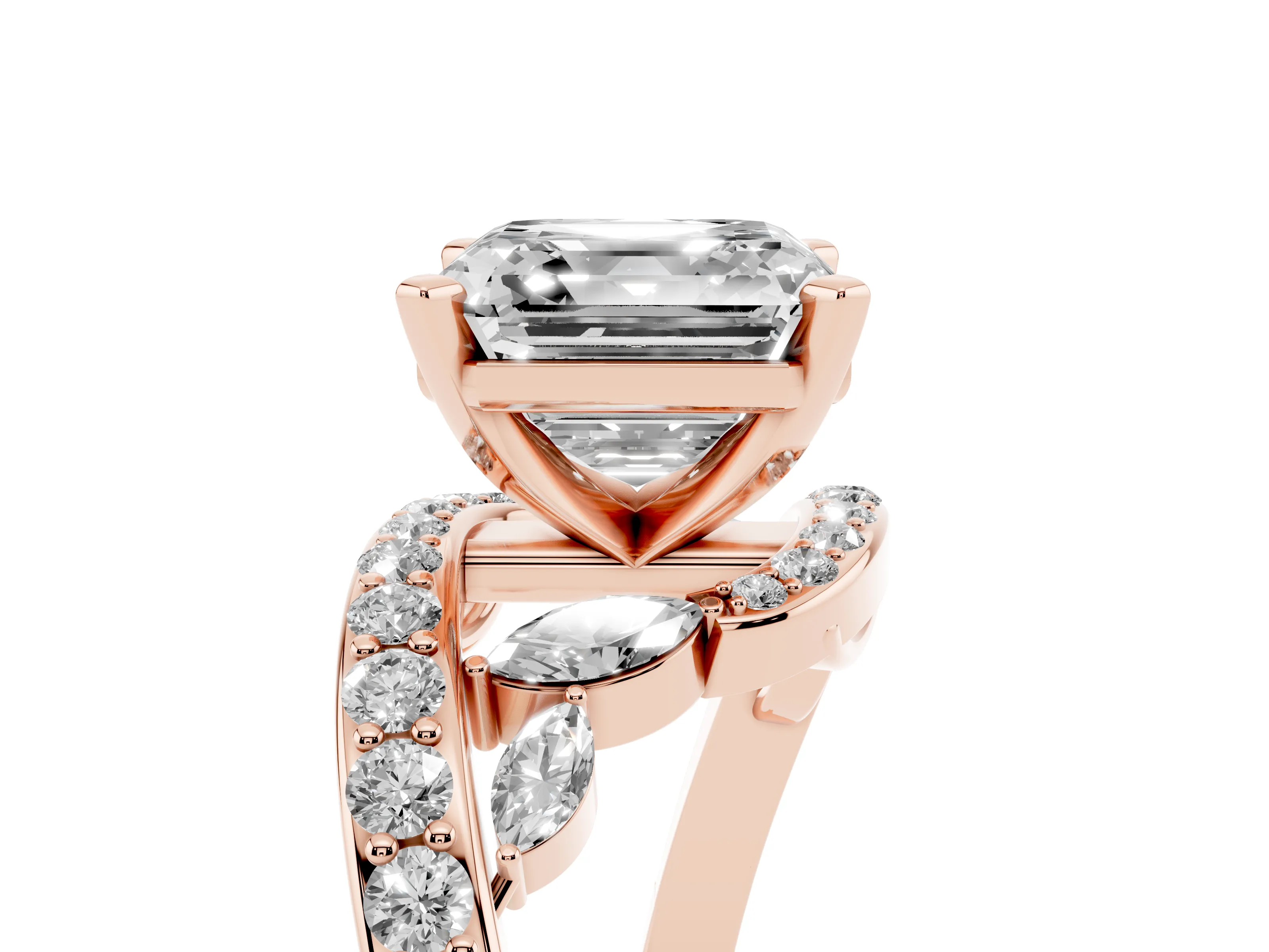Asscher Cut Diamond Solitaire Ring Set in Rose gold with Pavé Twist Band and Secure Prong Setting