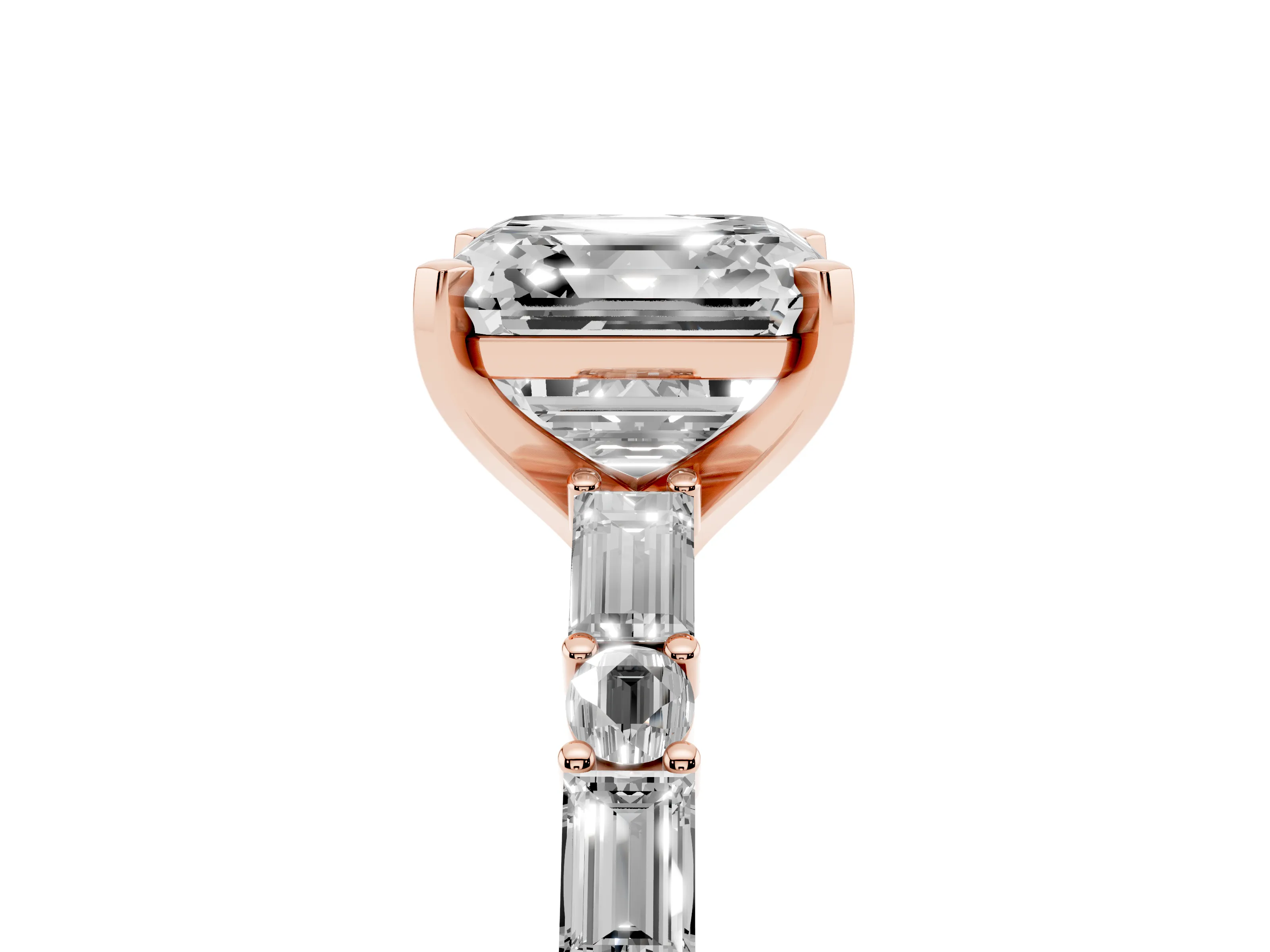 Asscher Cut Diamond Solitaire Set in Rose gold with Side Baguettes and Channel Set Band