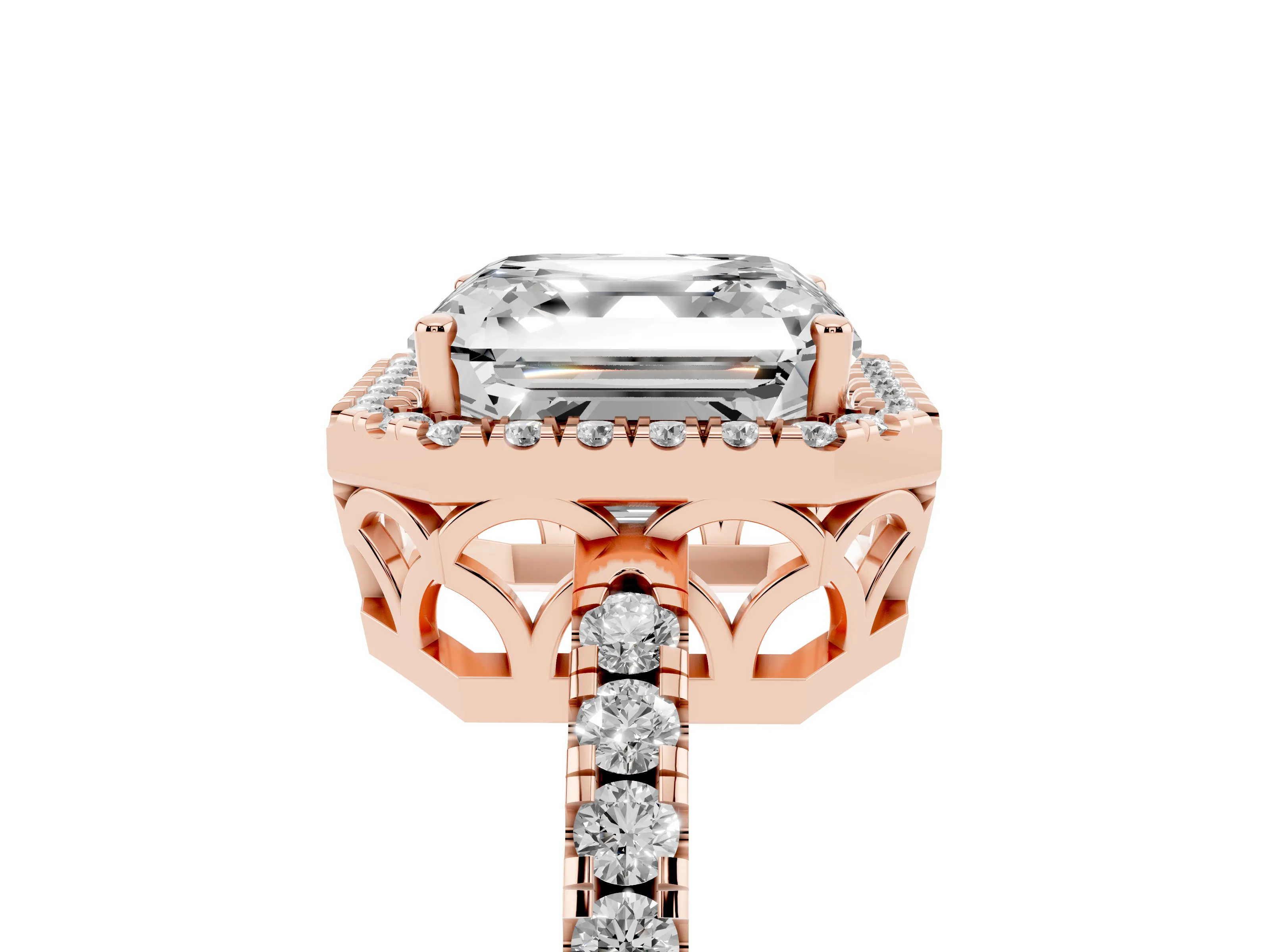 Asscher Cut Diamond Pavé Band Halo Engagement Ring Set in Rose gold with Prong Setting