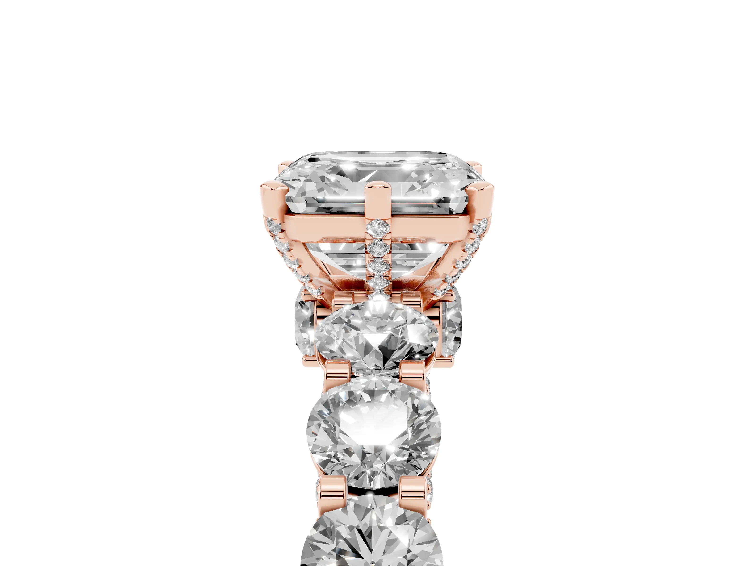 Asscher Cut Diamond Side Stone Ring Set in Rose gold with Alternating Round and Oval Side Stones