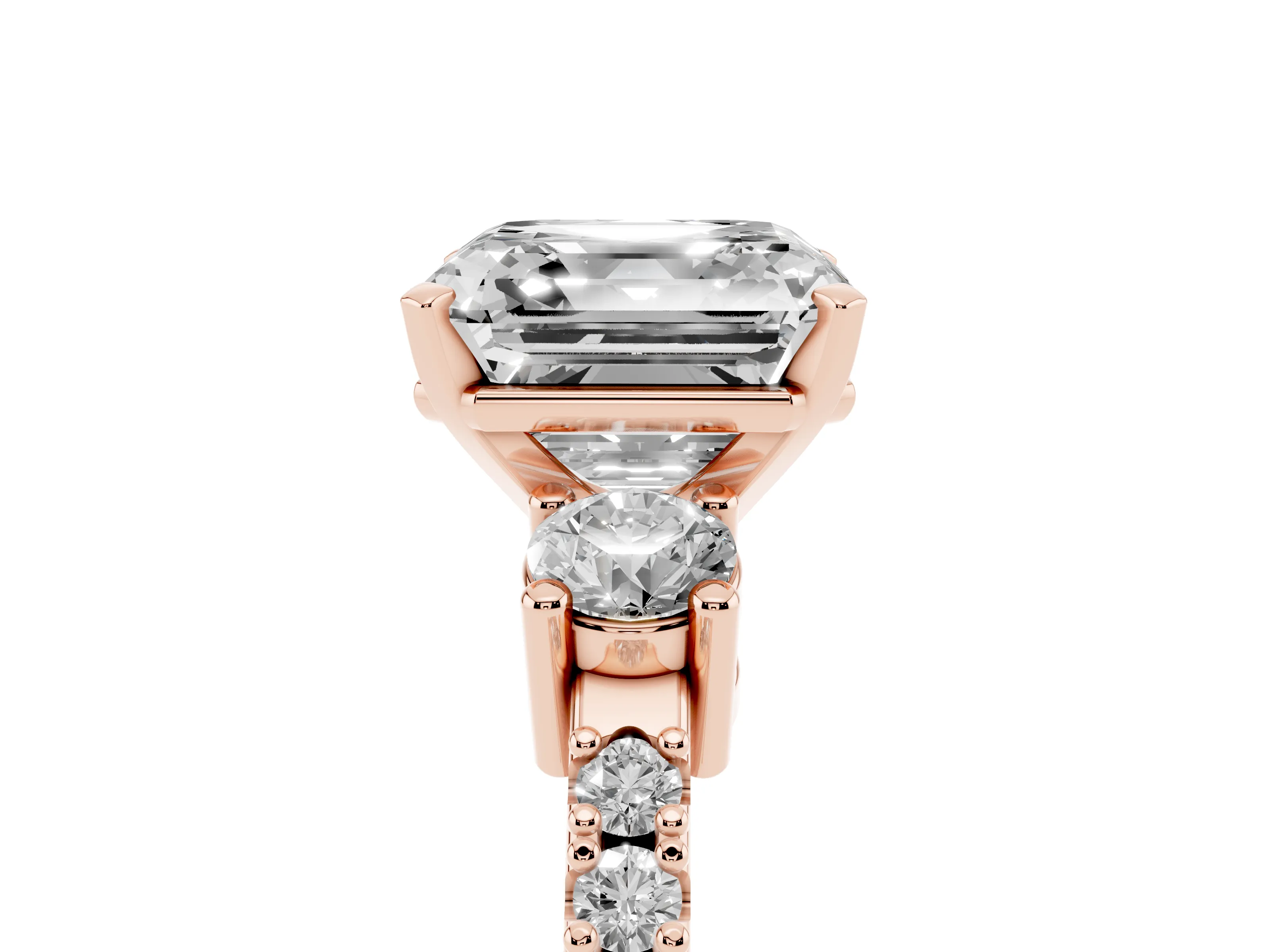 Three-Stone Asscher Cut Diamond Pavé Band Ring Set in Rose gold with Prong Setting