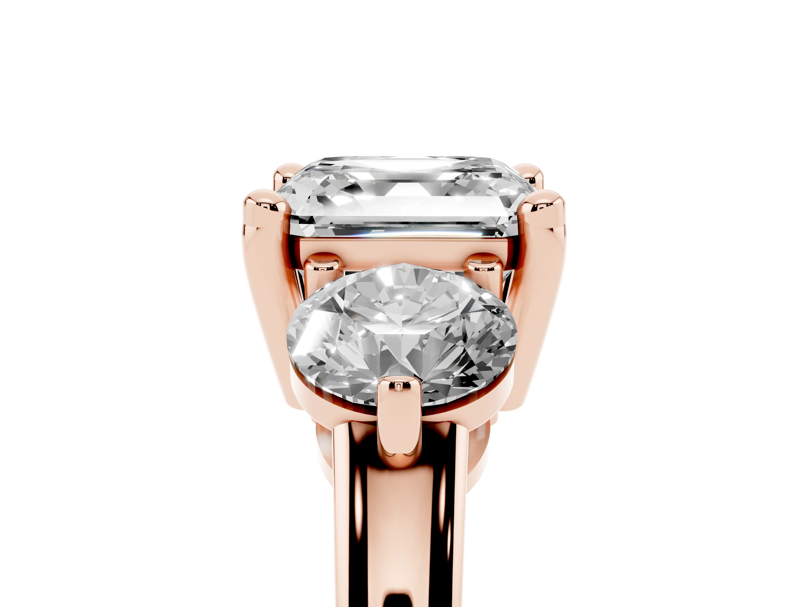 Asscher Cut Diamond Three-Stone Ring Set in Rose gold with Prong Setting and Classic Band